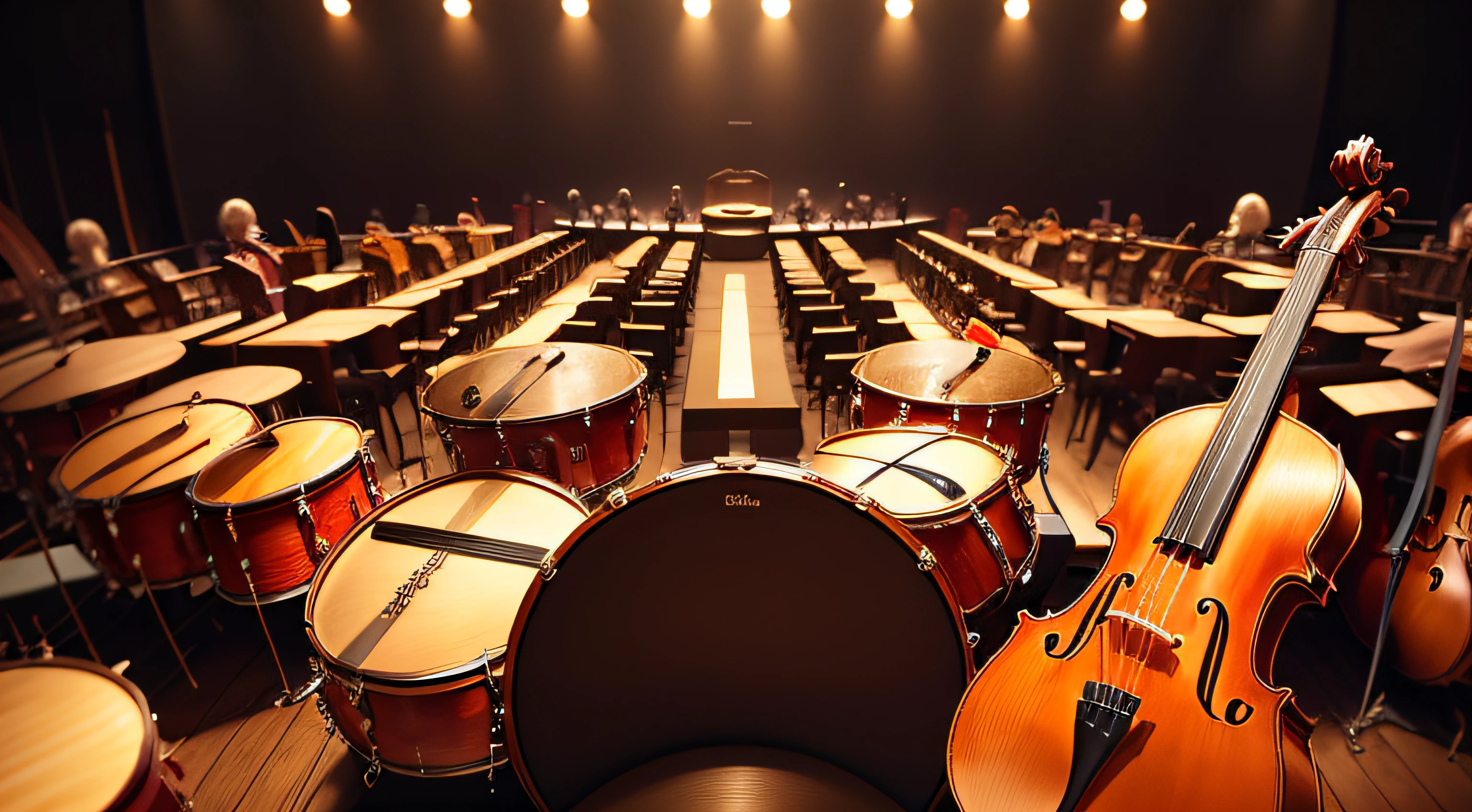 multicolored background with musical instruments from a symphony orchestra, with very clear details, super detailed, cinematic image, on the background it says MUSICAL INSTRUMENTS