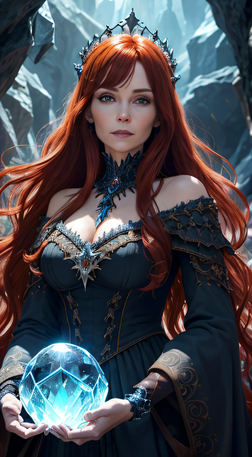 (absurdres, highres, ultra detailed), 1woman, mature female, aged up, wavy long hair, auburn hair, coral eyes, bangs, long sleeves, finely detailed eyes and detailed face, extremely detailed CG unity 8k wallpaper, intricate details, (style-swirlmagic:1.0),  looking at viewer, solo, upper body, detailed background, close up,  detailed face, (gothic dark ages theme:1.1), crystal sorcerer,  dynamic pose, earth themed clothes, crystal crown,  floating in the air, glowing magical shards, surrounded by blue magical crystals,  rock formations, stalactites,  magical floating particles, crystal glass,  crystal sphere, crystal canyon background, (shallow water:0.7),  epic ethereal atmosphere,   updraft,, portrait