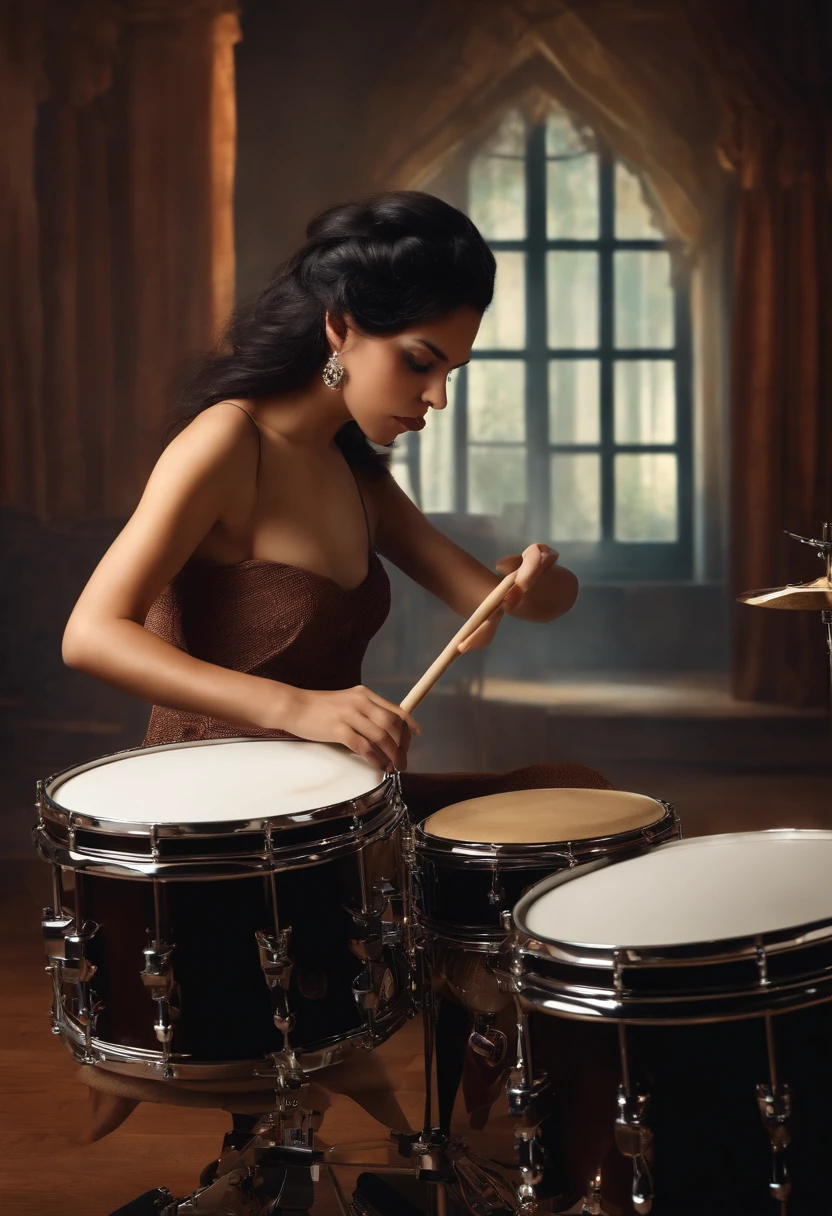 A black-haired girl with brown eyes plays the snare drum, a harsh indifference