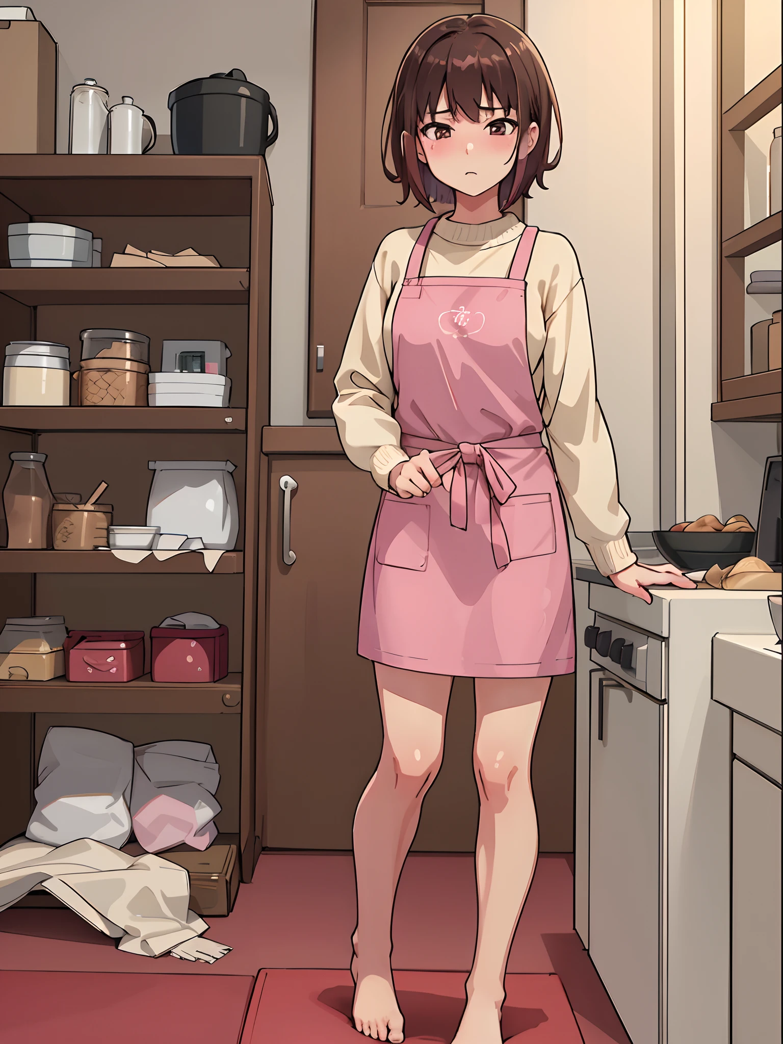 hiquality, tmasterpiece (One adult girl). A detailed eye. Detailed fingers. looking aside. short brown hair. blushful. Facial anxiety. brown eye. The clothes: beige sweater. pink apron. bare feet. In the background is a room, kitchen. red carpet. table with food. Chairs