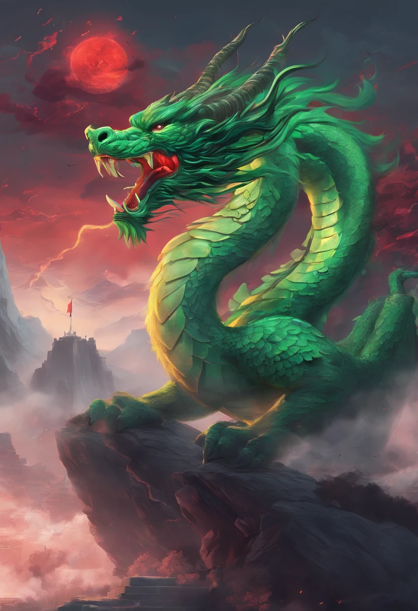 china style，Chinese mythology，Chinese Green Dragon，tosen，Ferocious，immensity，Eyes glow red，glow effect，Surrounded by clouds，Thick clouds，buliding，中景 the scene is，Full body like， Highly detailed surreal VFX，OC rendering，