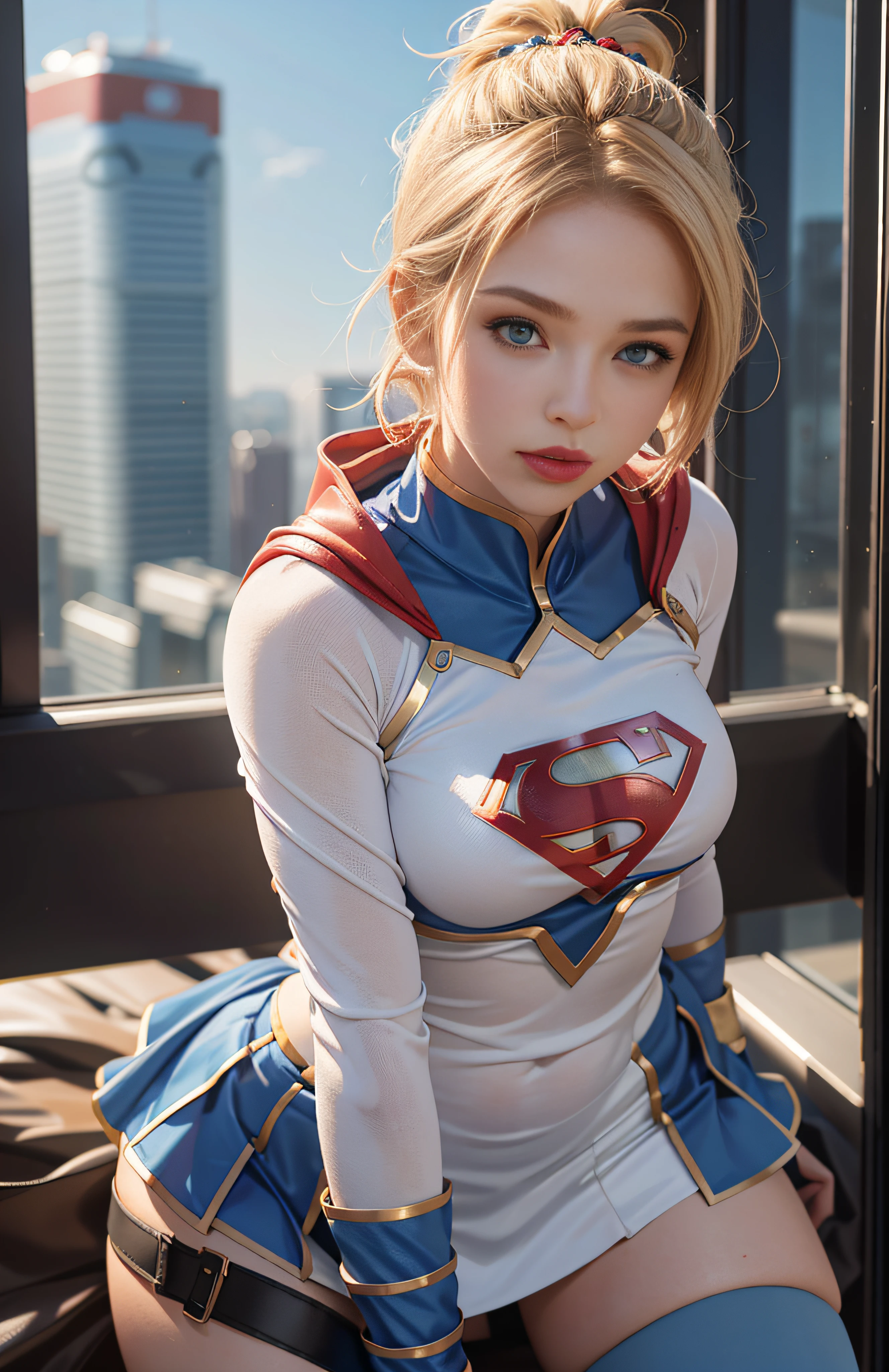 (Supergirl spreads her legs in a sexual pose)、(White panty:1.2)、a miniskirt、(a blond:1.3)、(American Beauty:1.5)、(A detailed face:1.2)、(Red boots)、(On the rooftop of a skyscraper in New York)、(At SFW:1.2)