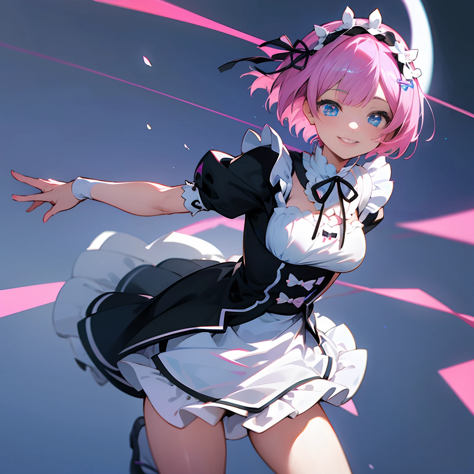 Pink Hair,Maid clothes,short hair、White long gloves,hold two knives in each hand,White pantyhose,White Stockings,Black heel fighting gesture