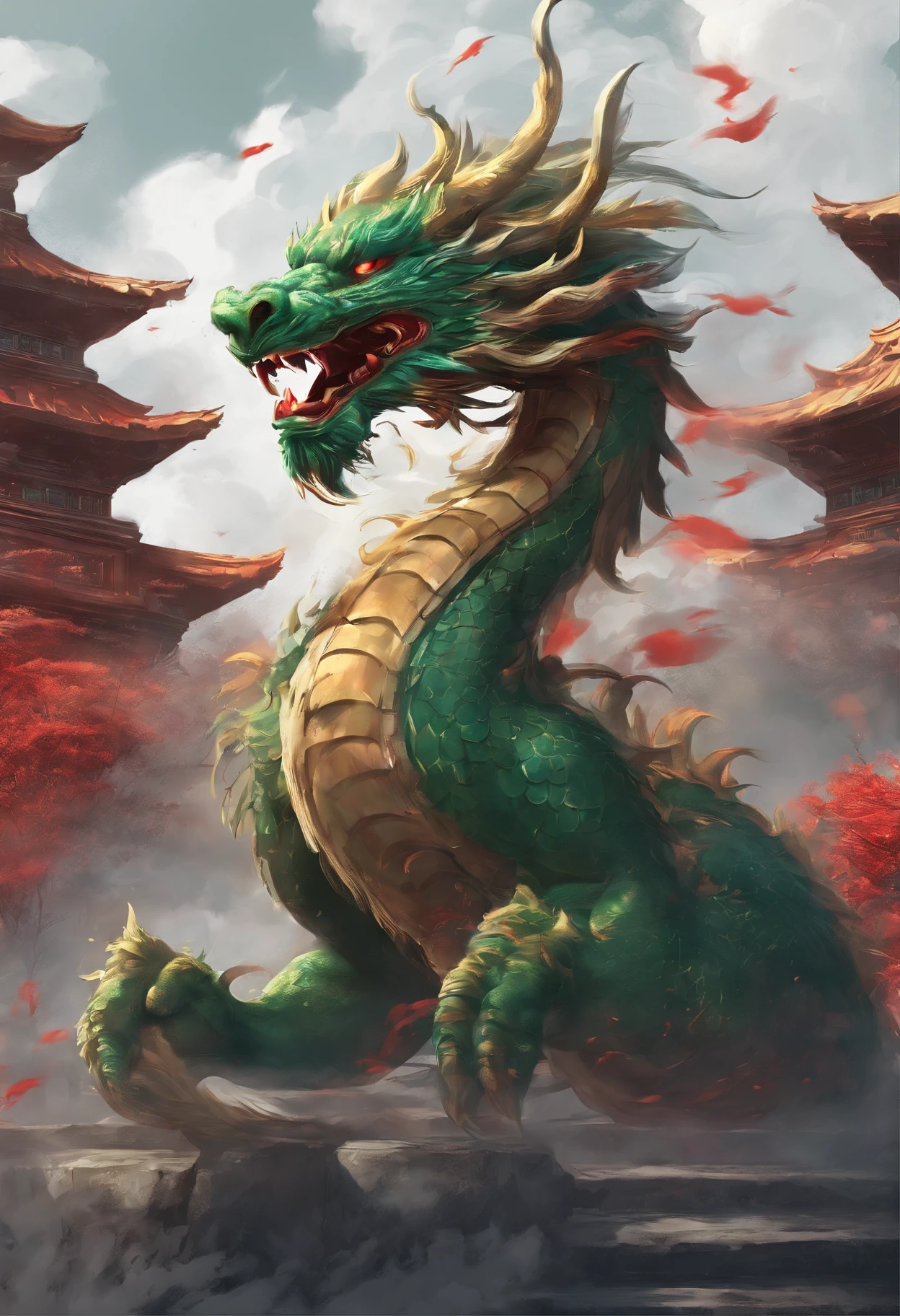 china style,Chinese mythology,Chinese Green Dragon,tosen,Ferocious,immensity,Eyes glow red,glow effect,Surrounded by clouds,Thick clouds,buliding,中景 the scene is,Full body like, Highly detailed surreal VFX,OC rendering,