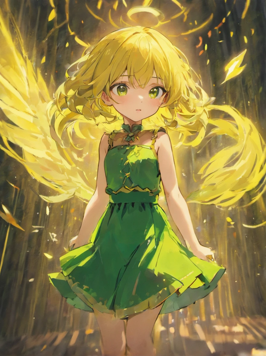 petite girl, yellow hair strokes, green bangs, yellow black dress