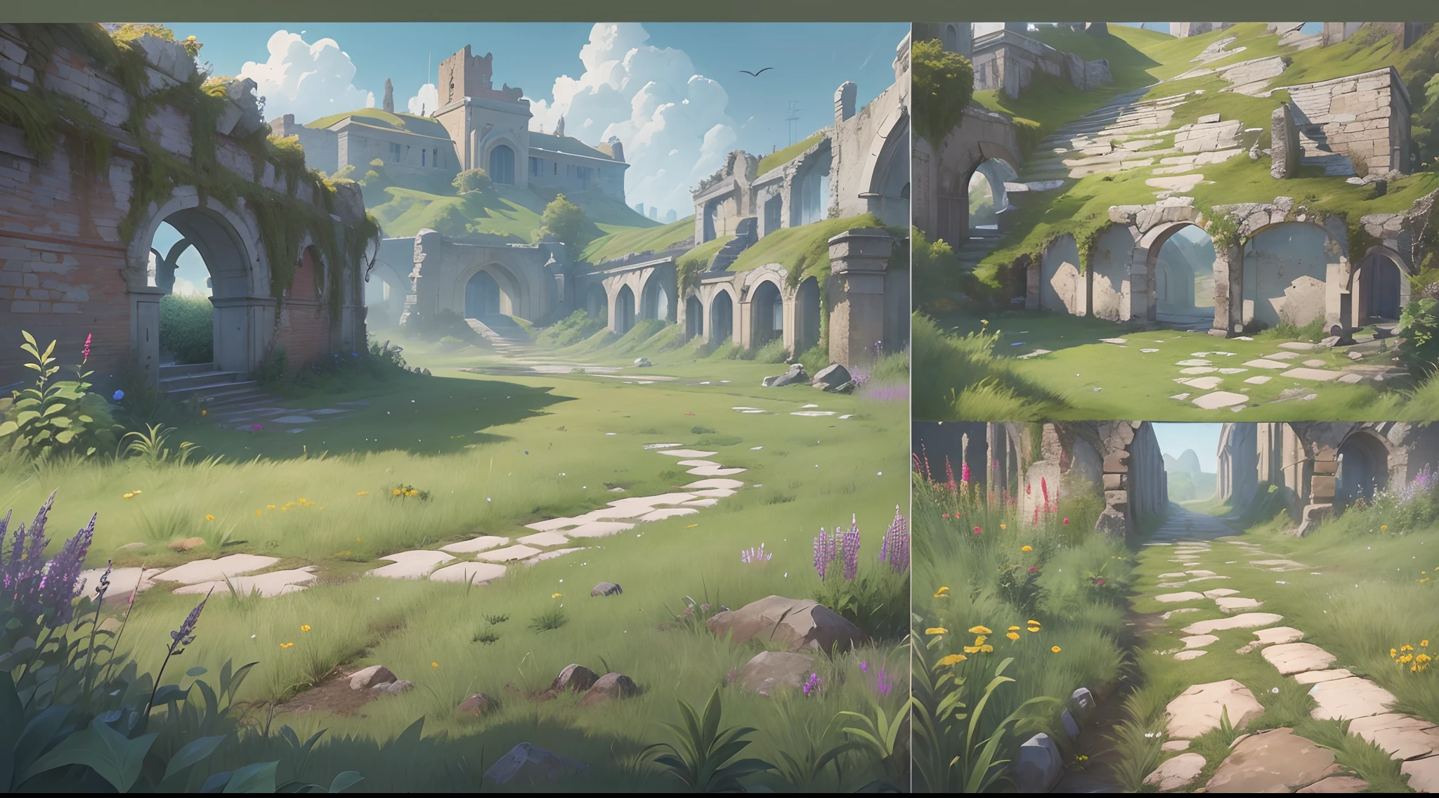 Vista, Direct View, Left and Right Direction, Mottled Meadow Pavement, Picture by Stone Paved Road and Weeds, open grass lands with hills No Perspective, Crossboard, Horizontal, Detailed, 8K, Parallel View, League of Legends, Ruins, Pavement Background with Ruins, genshin impact