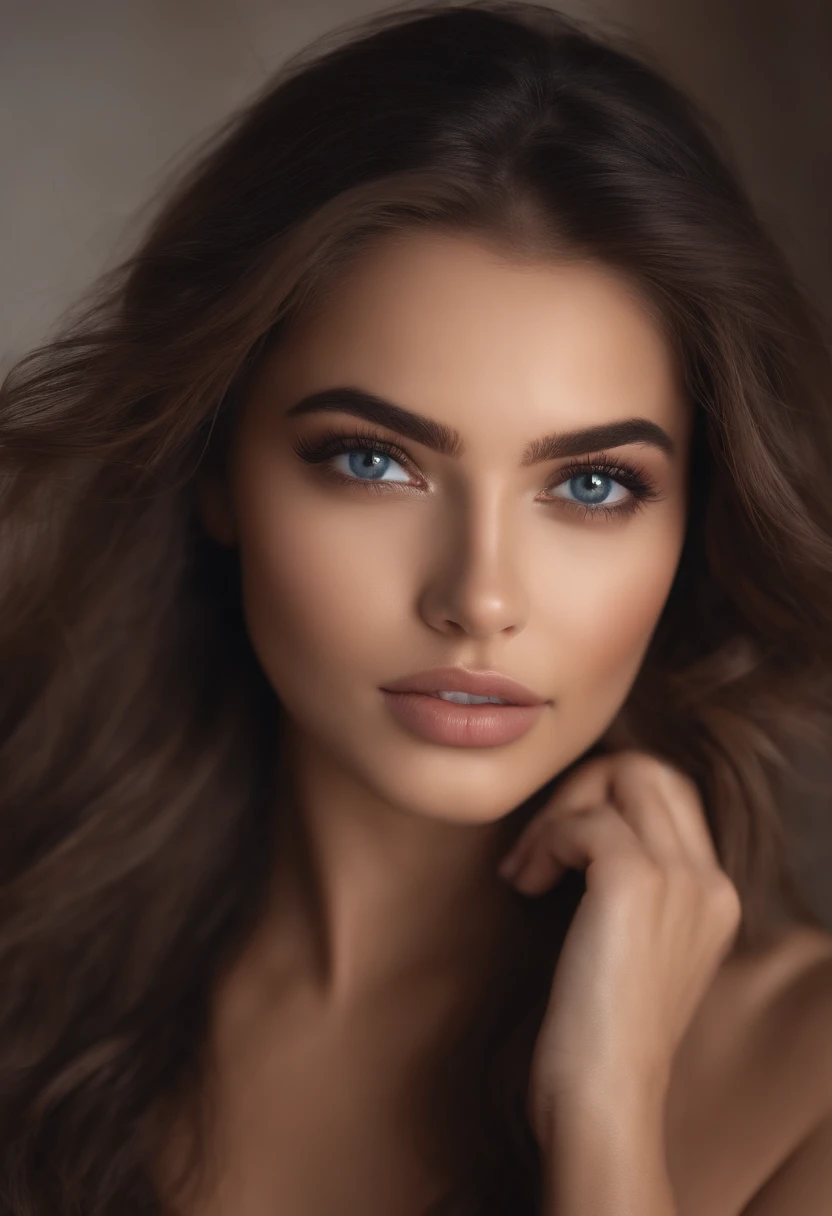 Arafed woman completely , fille sexy aux yeux bruns, ultra realist, Meticulously detailed, Portrait Sophie Mudd, cheveux bruns et grands yeux, selfie of a young woman, Dubai Eyes, Violet Myers, sans maquillage, maquillage naturel, looking straight at camera, Visage avec Artgram, Maquillage subtil, Stunning photo of full body kneeling on the bed naked, dans une chambre de luxe, Medium to large bust