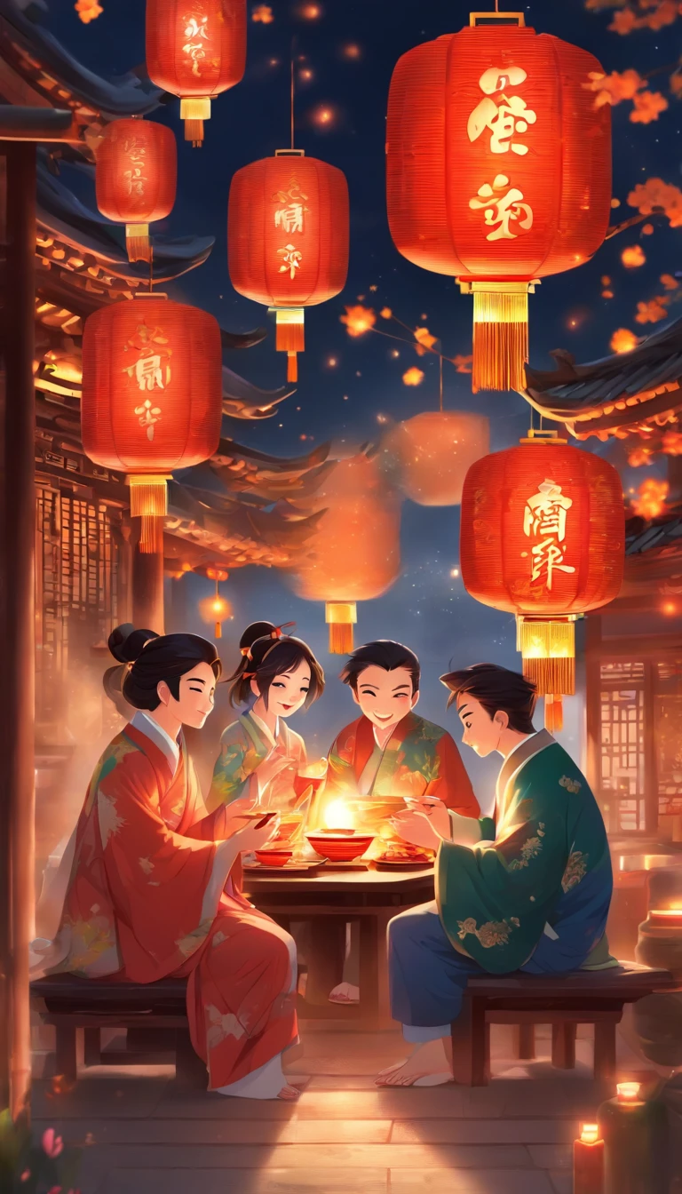 A family eats mooncakes，Men honor their parents with gifts in their hands, Happy family, There are mooncakes on the table,Gift in hand， tea drinking and paper lanterns, Another bright moon in the sky，warm and joyful atmosphere, Digital illustration, Poster illustration, ???, , digital illustrations , Chinese style painting, , exciting illustration,