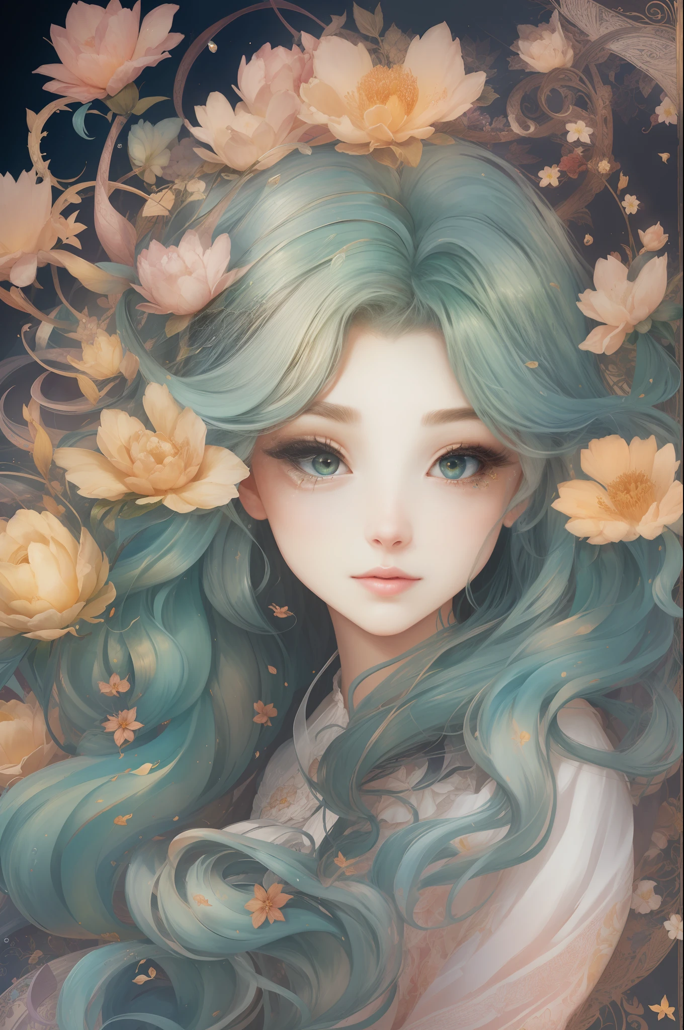 ((Gorgeous 18-year-old princess)),(She has long flowing green hair),(Bright and beautiful eyes),trendding on artstation,Flowers of hope,ultra-detailliert,insanely details, Amazing, complex, elite, Art Nouveau, a gorgeous, Dreamy,Liquid wax, Luxurious, Ink style, a sticker, Vector art beautiful character design, Dual exposure shooting, Luminous design, winning artwork, tmasterpiece, AMOLED black background,optic