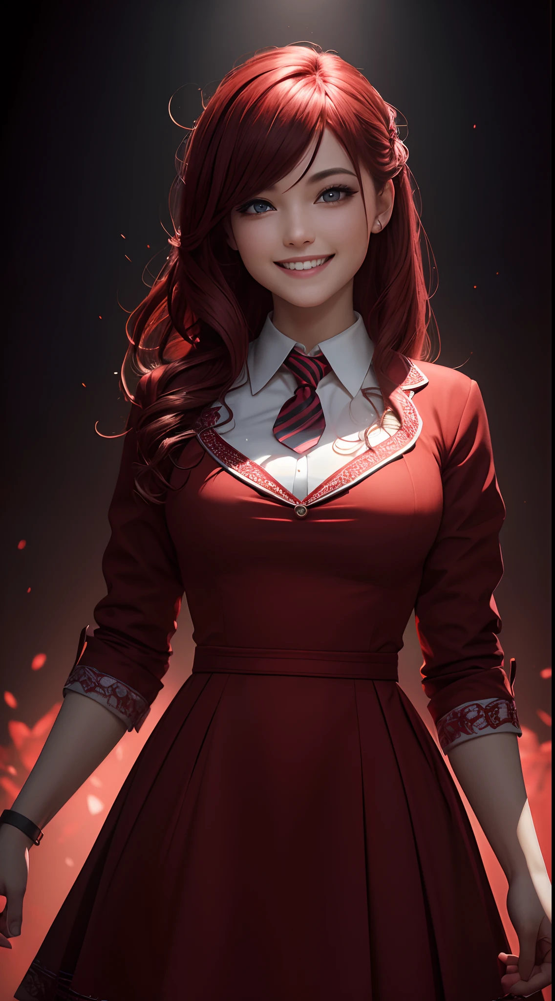 Highly detailed, 8K, Masterpiece, 1girll, red necktie_Hair, dress , crazy_Smile, (Perfect_face), Detailed_Background, full_Body, full bloom,(Beautiful lighting:1.3), Caustics, Dynamic lighting, From_Below