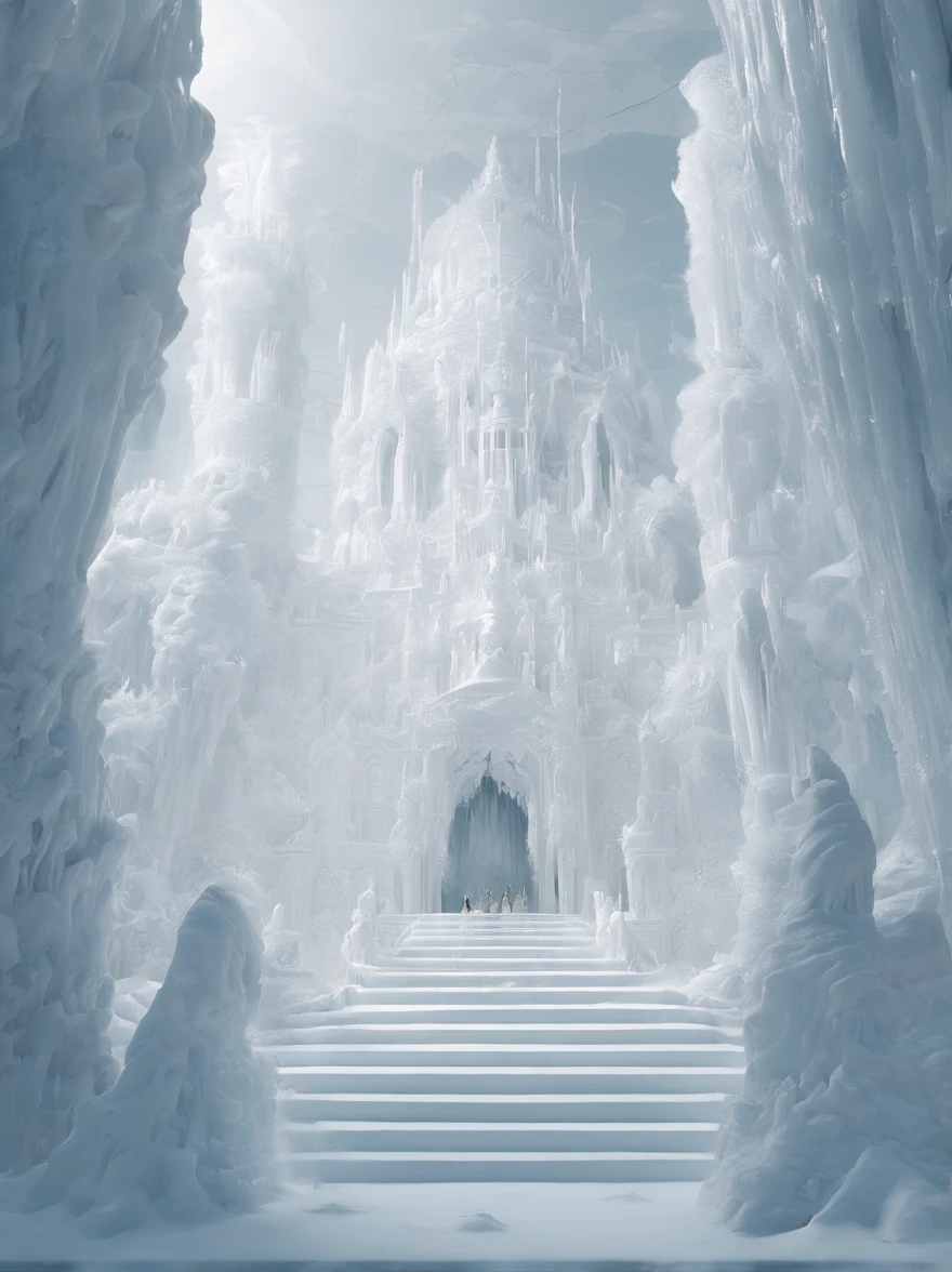 Pure white room,ice - carving,Meticulous environment,Standing full of people
