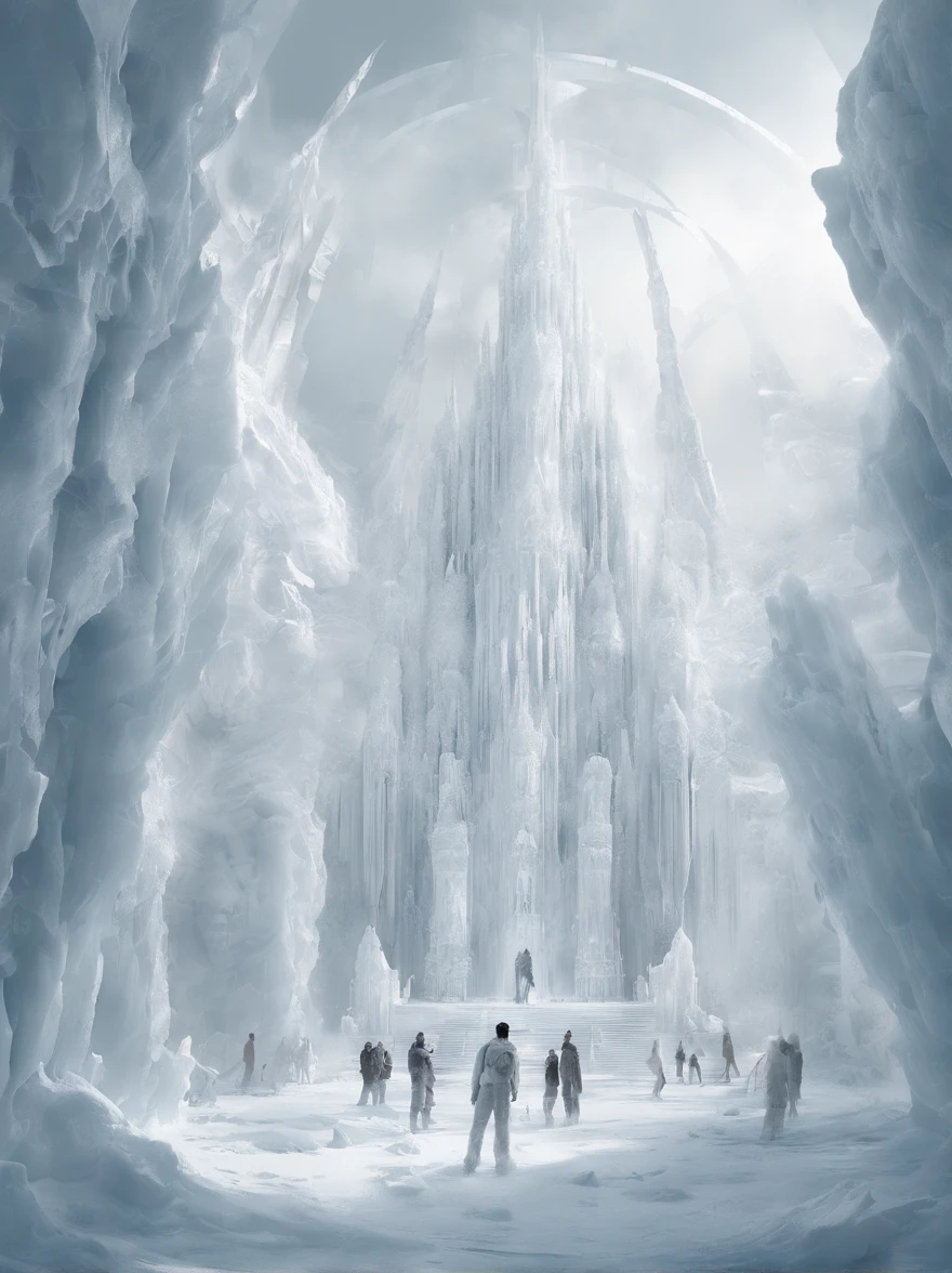 Pure white room,ice - carving,Meticulous environment,Standing full of people