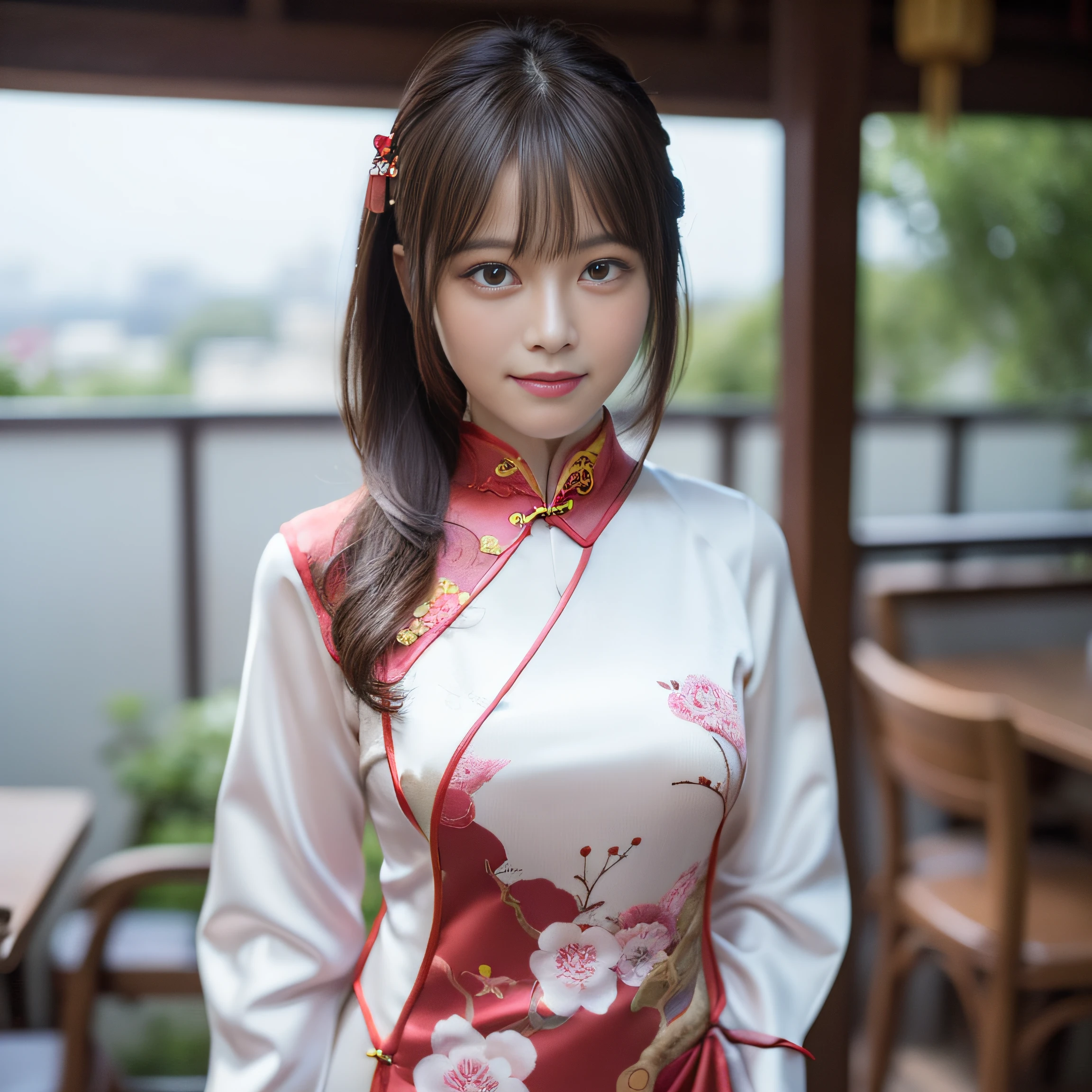 (tmasterpiece、RAW photography、超A high resolution、top-quality:1.3)、(ultra detailed 8k cg:1.2)、(ultra-realistic realism:1.35)、(Photorealsitic:1.45)、beautiful detailed skin、Cute and delicate face、Detailed lips、A detailed eye、二重まぶた、(A beautiful girl standing on Xuhua Street,spread their legs)、((A smile))、((Wearing cheongsam))、View from below、zoomed shoot、(full bodyesbian)、Focus on the pubic hair、(NSFW:1.5)