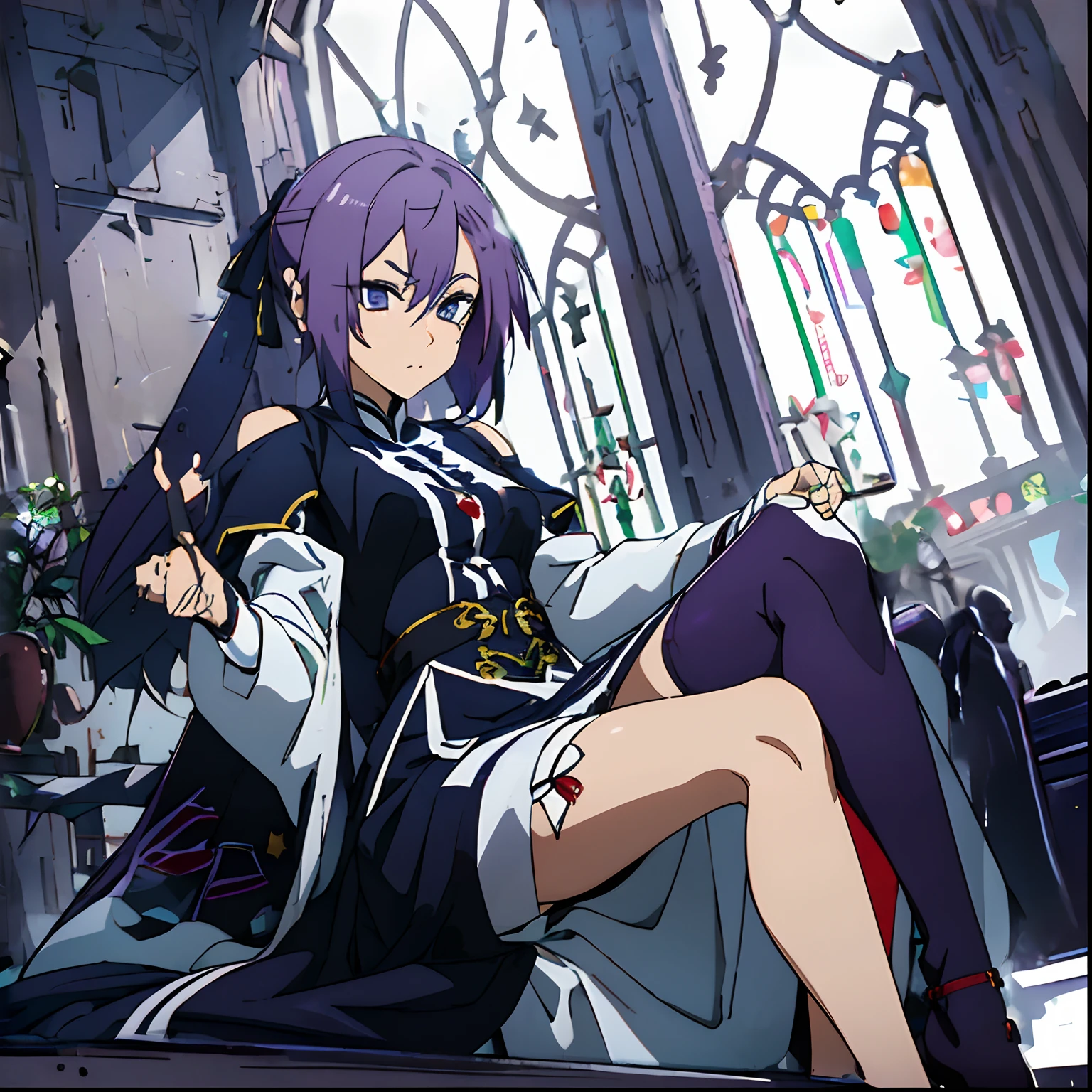 best qualtiy,tmasterpiece,Ultimate Resolution, Bare shoulders, arm warmer, bandaged, shoulder-length purple hair, Navy Ribbon, Blue cheongsam, thighs thighs thighs thighs, Metamorphosis is exposed, Scenery of Shanghai