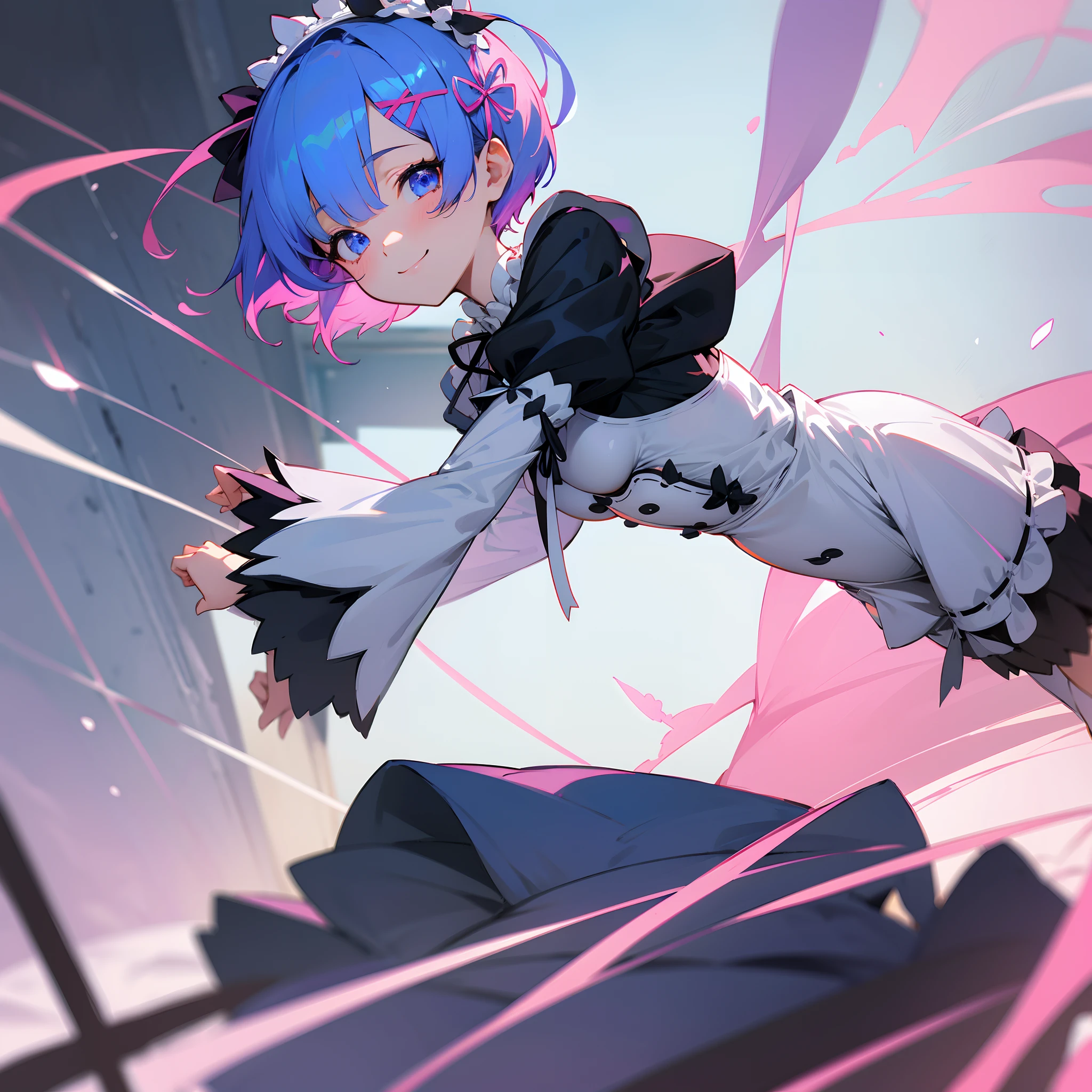 [Anime 1.5], [Rem 1.5], [Re:Zero 1.5], short blue hair, maid outfit, black and white maid outfit, solo girl, smile, pink hair ribbon, cute and beautiful