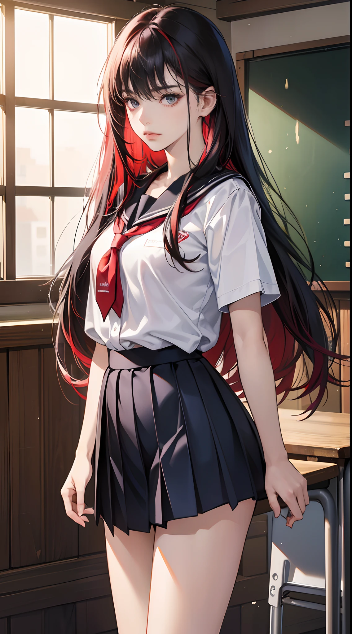 (Best Quality,4K,High resolution), 18yo woman, Red mesh hair on black hair, Long hair, Straight hair, Cool Woman, Cold eyes,sharp eye , sullenness，Intricately drawn, Realistic portrayal，School classroom background，female high-school student，School Uniforms，Navy blue skirt，summer clothing， shortsleeves，His arms folded