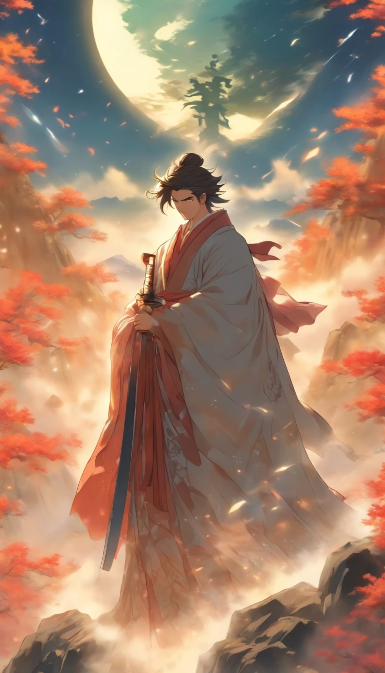 /imagine prompt: A young and handsome man standing at the top of a mountain, with a majestic peak behind him, wearing a magnificent Taoist robe and holding a sword, looking confident and determined in the distance, ,32k, best quality, masterpiece, super detail, high details, by Makoto Shinkai ,in the style of the stars art group xing xing, --niji 5"