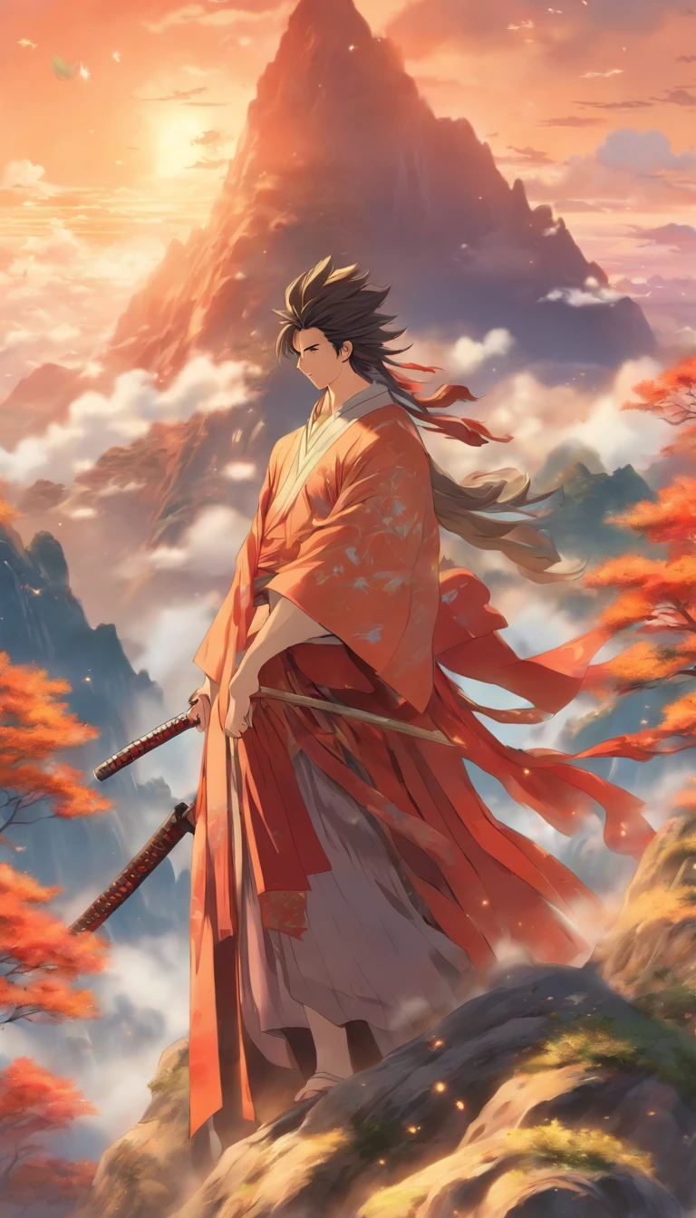 /imagine prompt: A young and handsome man standing at the top of a mountain, with a majestic peak behind him, wearing a magnificent Taoist robe and holding a sword, looking confident and determined in the distance, ,32k, best quality, masterpiece, super detail, high details, by Makoto Shinkai ,in the style of the stars art group xing xing, --niji 5"