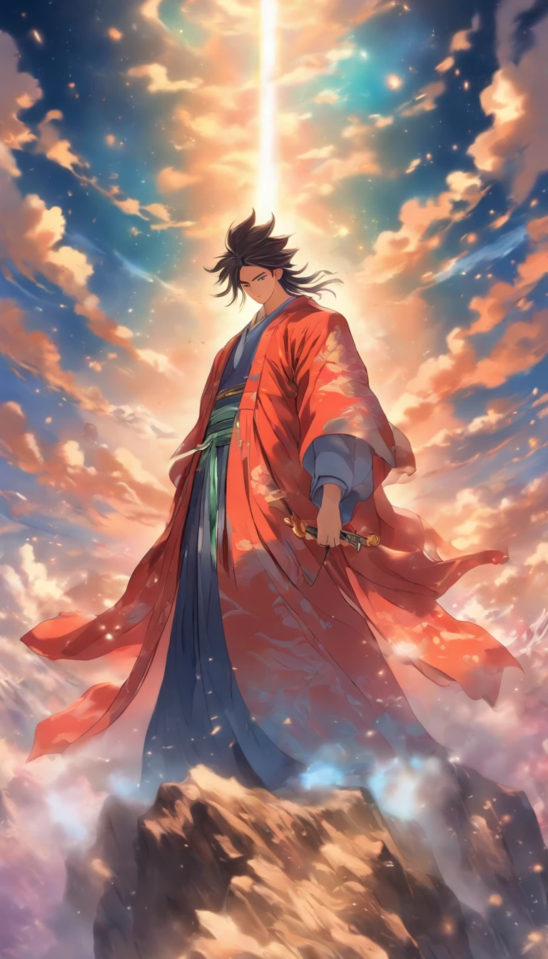 /imagine prompt: A young and handsome man standing at the top of a mountain, with a majestic peak behind him, wearing a magnificent Taoist robe and holding a sword, looking confident and determined in the distance, ,32k, best quality, masterpiece, super detail, high details, by Makoto Shinkai ,in the style of the stars art group xing xing, --niji 5"