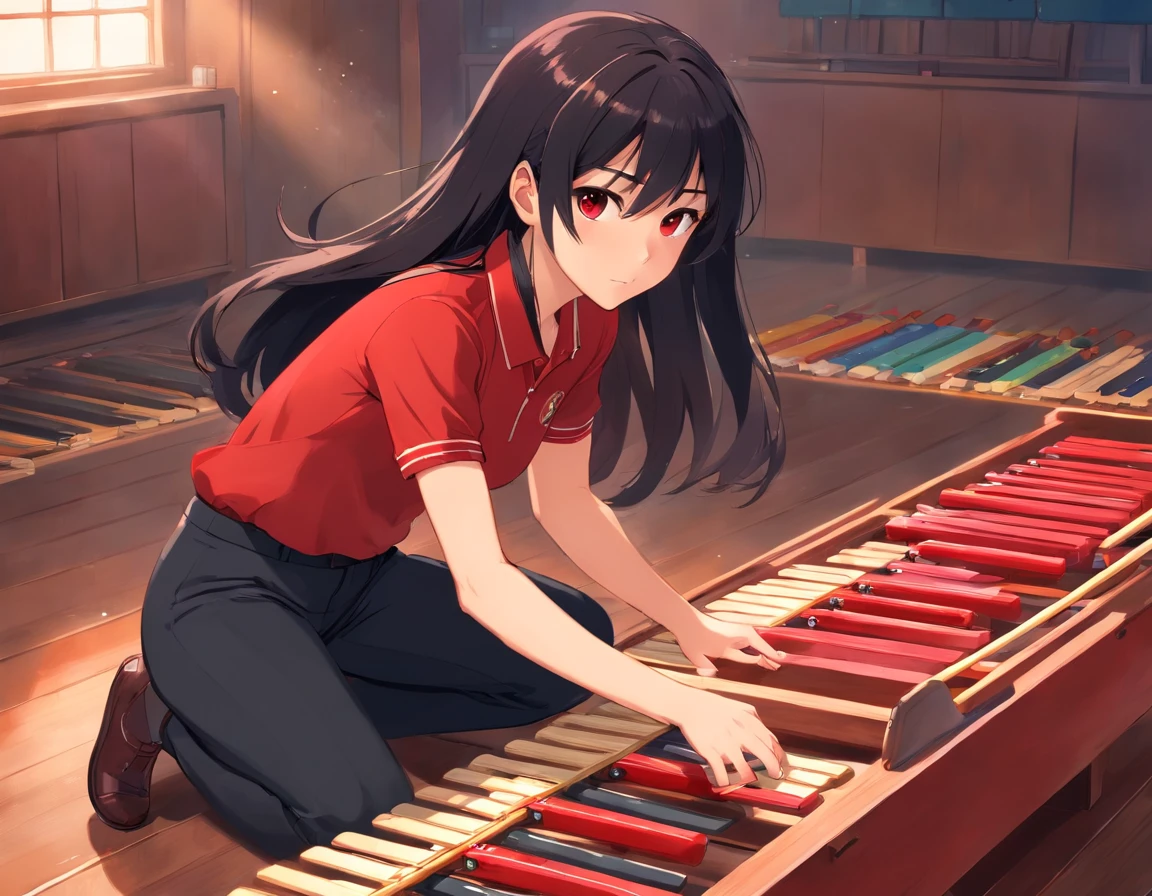 anime girl with brown eyes and black hair in red polo and black pants playing xylophone stern look very serious