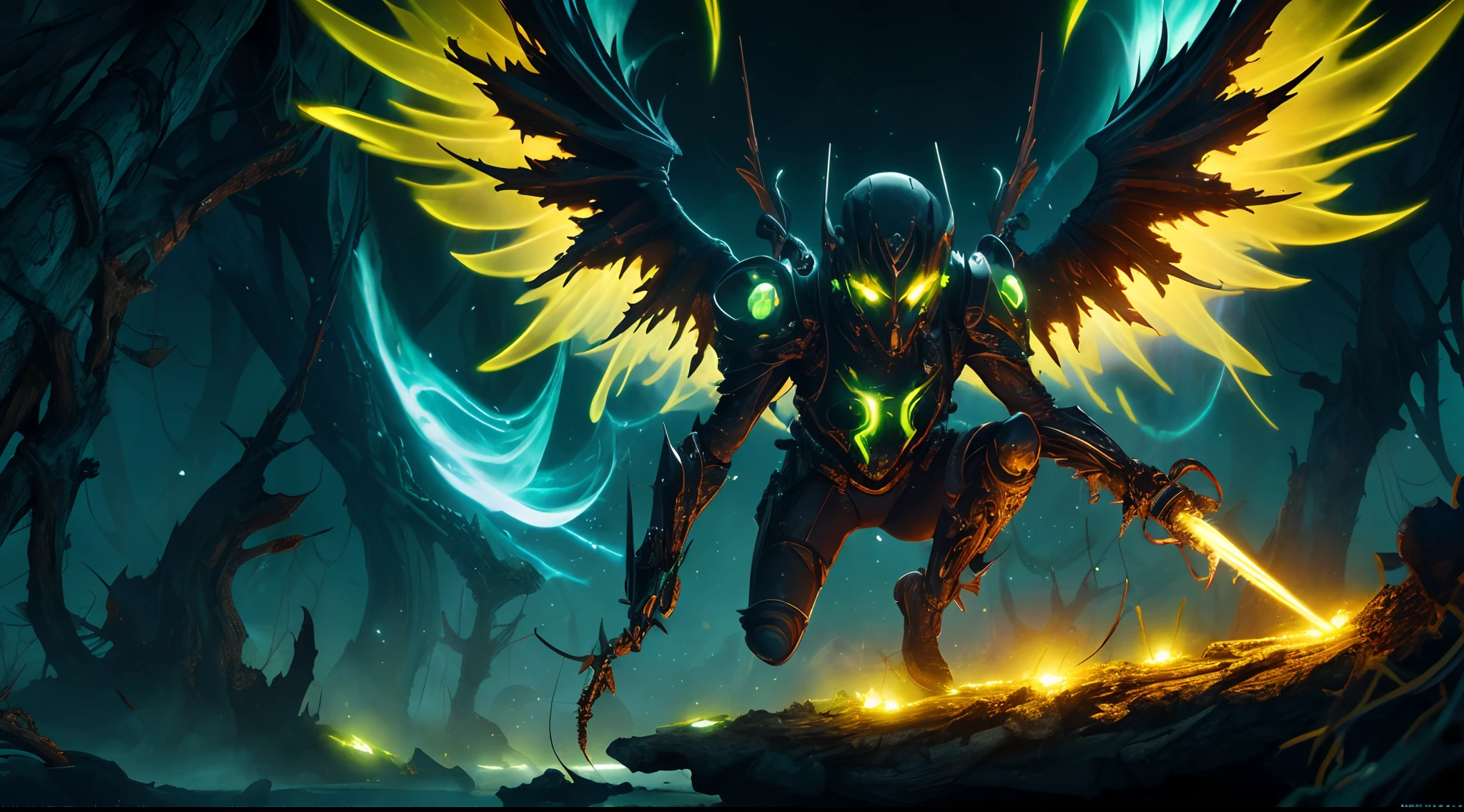 banner, Channel banner, cosmic environment, rotten fallen archangel, ((yellow glowy eyes)), biomechanical, eerie, creepy, nightmarish, very bright colors, light particles, bioluminescence, Mschiffer, wallpaper art, UHD wallpaper