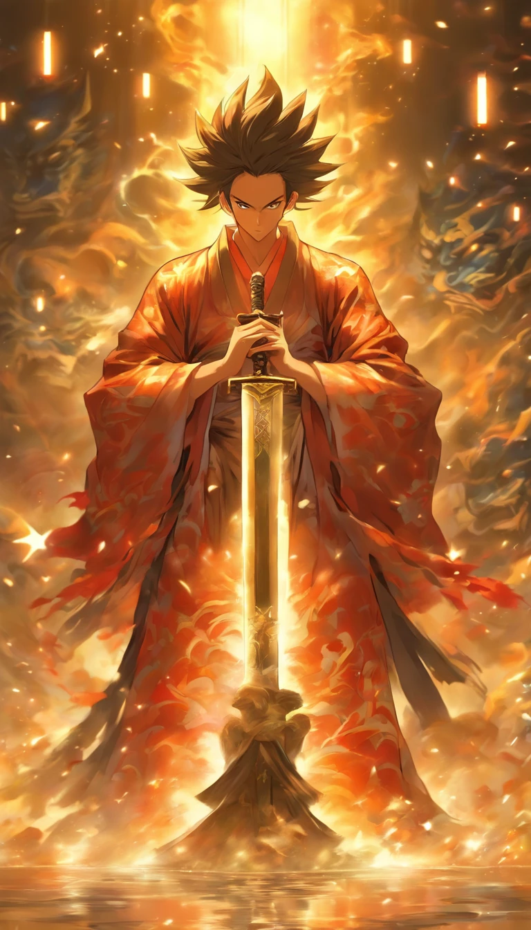 /imagine prompt: A young man tremblingly kneels before the master, with a terrified expression on his face. The majestic master is wearing a gorgeous Taoist robe and holding a giant sword. The surroundings are a silent sect, with several guards at the sect entrance.,32k, best quality, masterpiece, super detail, high details, by Makoto Shinkai ,in the style of the stars art group xing xing, --niji 5"