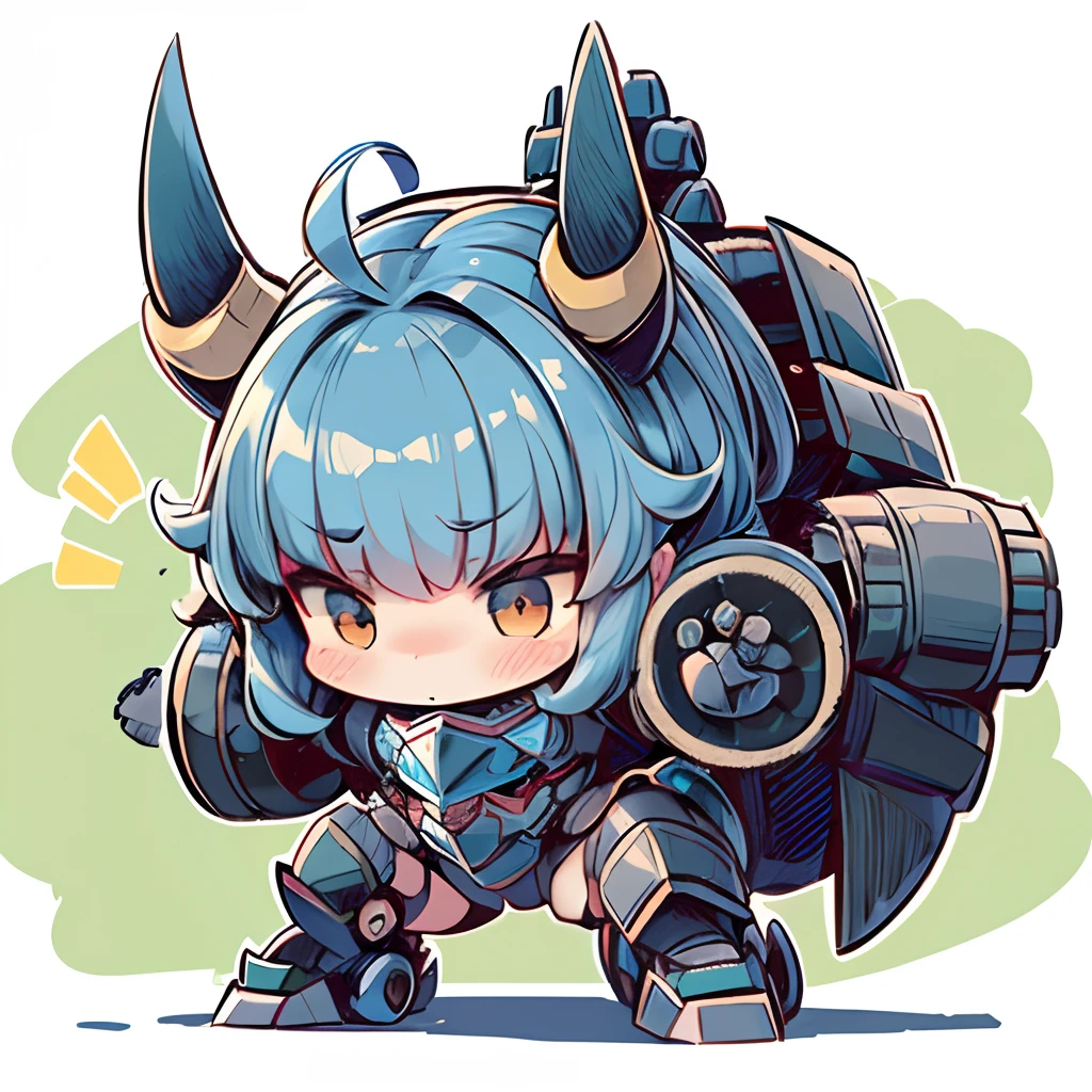 Cartoon image of a little girl with horns and backpack, Rhino Armor Girl, Advanced Digital Chibi Art, female mech, Cute Cyber God々, chibi monster girl, Girl in Mecha Cyber Armor, cool mecha style, mechanized valkyrie girl, girl design lush horns, mecha animal, greek god in mecha style