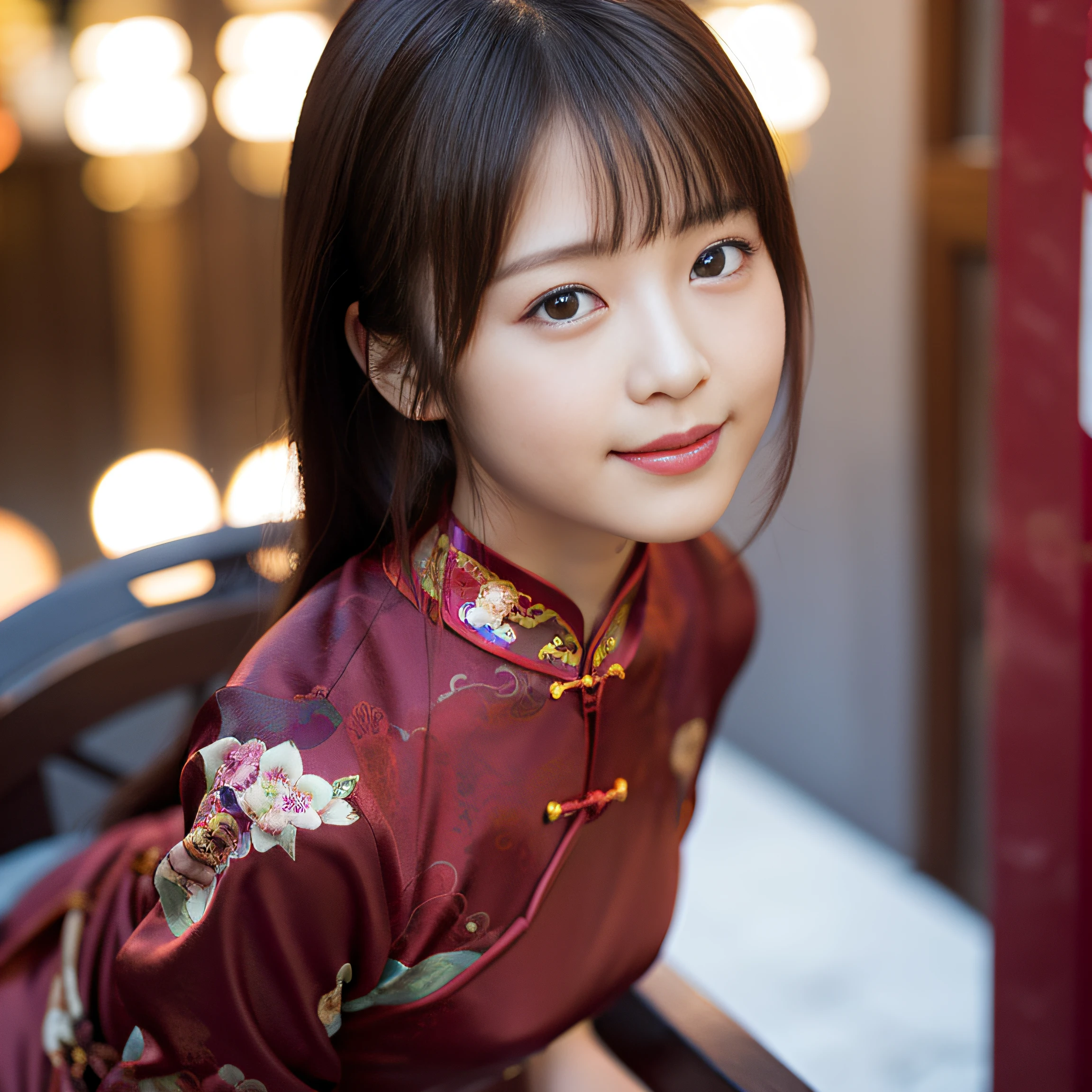 in 8K,Best Quality:1.4, 超A high resolution:1.5, (Photorealistic:1.4),masterpiece:1.2,(top-quality:1.4)、 Raw photo、 One Japan Women、 Cute、middlebreasts:1.5、 (Solo), (Shy smile), Smooth skin、30-years old:1.2、Beautiful black eyes、natural skin textures:1.3, realistic eyes and face details:1.8、 (Brown medium hair,Bangs), (touch hair:1.4)、nogizaka、 (cheongsam clothing:1.4)、(happy smail:1.3)、Supple fingertips、Beautiful black eyes、natural skin textures:1.3, realistic eyes and face details:1.7、gazing at viewer、FULL BODYSHOT:1.5、beauty legs、Chinese Restaurant