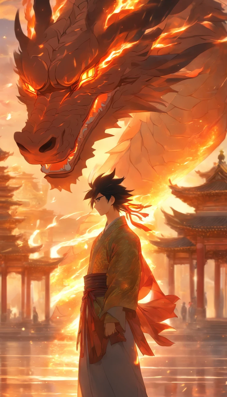 /imagine prompt: A handsome and confident young man, Dragon Wushuang, standing in front of a majestic palace, with tears welling up in his eyes, a wide sky behind the palace, bathed in sunlight, creating a magnificent and touching scene, ,32k, best quality, masterpiece, super detail, high details, by Makoto Shinkai ,in the style of the stars art group xing xing, --niji 5"