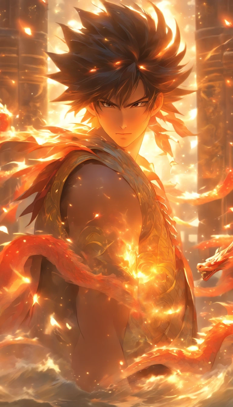 /imagine prompt: A handsome and confident young man, Dragon Wushuang, standing in front of a majestic palace, with tears welling up in his eyes, a wide sky behind the palace, bathed in sunlight, creating a magnificent and touching scene, ,32k, best quality, masterpiece, super detail, high details, by Makoto Shinkai ,in the style of the stars art group xing xing, --niji 5"