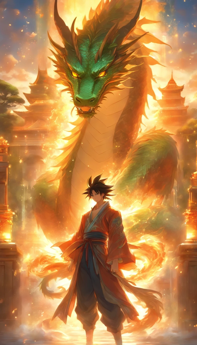/imagine prompt: A handsome and confident young man, Dragon Wushuang, standing in front of a majestic palace, with tears welling up in his eyes, a wide sky behind the palace, bathed in sunlight, creating a magnificent and touching scene, ,32k, best quality, masterpiece, super detail, high details, by Makoto Shinkai ,in the style of the stars art group xing xing, --niji 5"