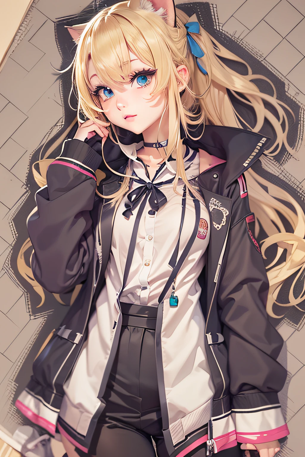 Anime girl with blonde hair and blue eyes in black suit, blonde anime girl with long hair, In an anime style, Anime Moe Artstyle, anime style portrait, Cute anime girl, an anime girl, cute natural anime face, beautiful anime high school girl, (Anime Girl), extremely cute anime girl face, attractive anime girls, cat ear, final fantasy, ribbon, anime, Art Deco, high details, HD, best quality, highres, textured skin