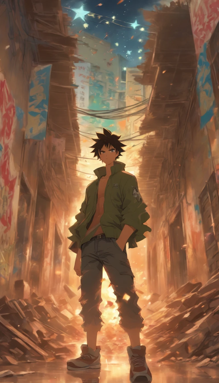 /imagine prompt: A young man standing in a dilapidated courtyard, surrounded by a scene of destruction, looking up with anger and clenching his fists, graffiti and slogans on the walls indicating a lawless place, ,32k, best quality, masterpiece, super detail, high details, by Makoto Shinkai ,in the style of the stars art group xing xing, --niji 5"