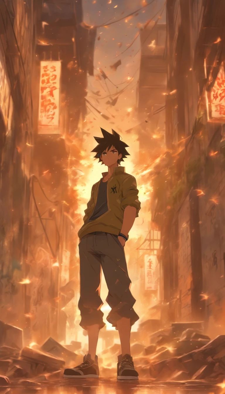 /imagine prompt: A young man standing in a dilapidated courtyard, surrounded by a scene of destruction, looking up with anger and clenching his fists, graffiti and slogans on the walls indicating a lawless place, ,32k, best quality, masterpiece, super detail, high details, by Makoto Shinkai ,in the style of the stars art group xing xing, --niji 5"