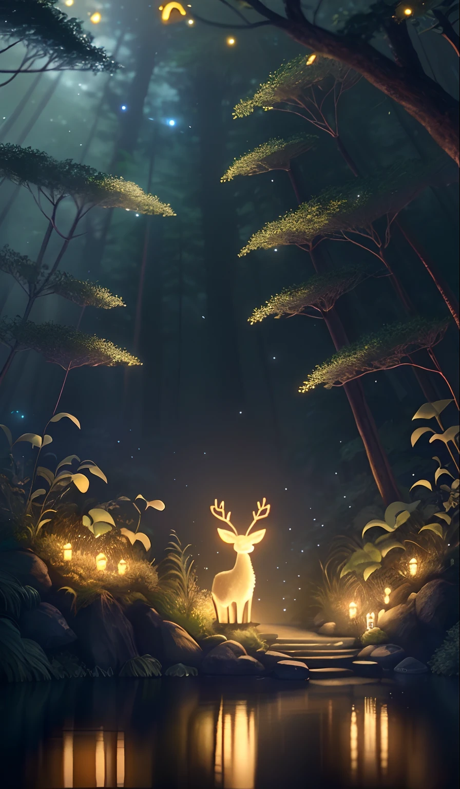 Masterpiece, best quality, (very detailed CG unity 8k wallpaper), (best quality), (best illustration), (best shadows), glow sprite, with a glowing deer, in the swimming pool Drinking water, natural elements in the forest theme. Mysterious forest, beautiful forest, nature, surrounded by flowers, delicate leaves and branches surrounded by fireflies (natural elements), (jungle theme), (leaves), (twigs), (fireflies), (particle effects) etc. 3D , Octane rendering, ray tracing, super detailed