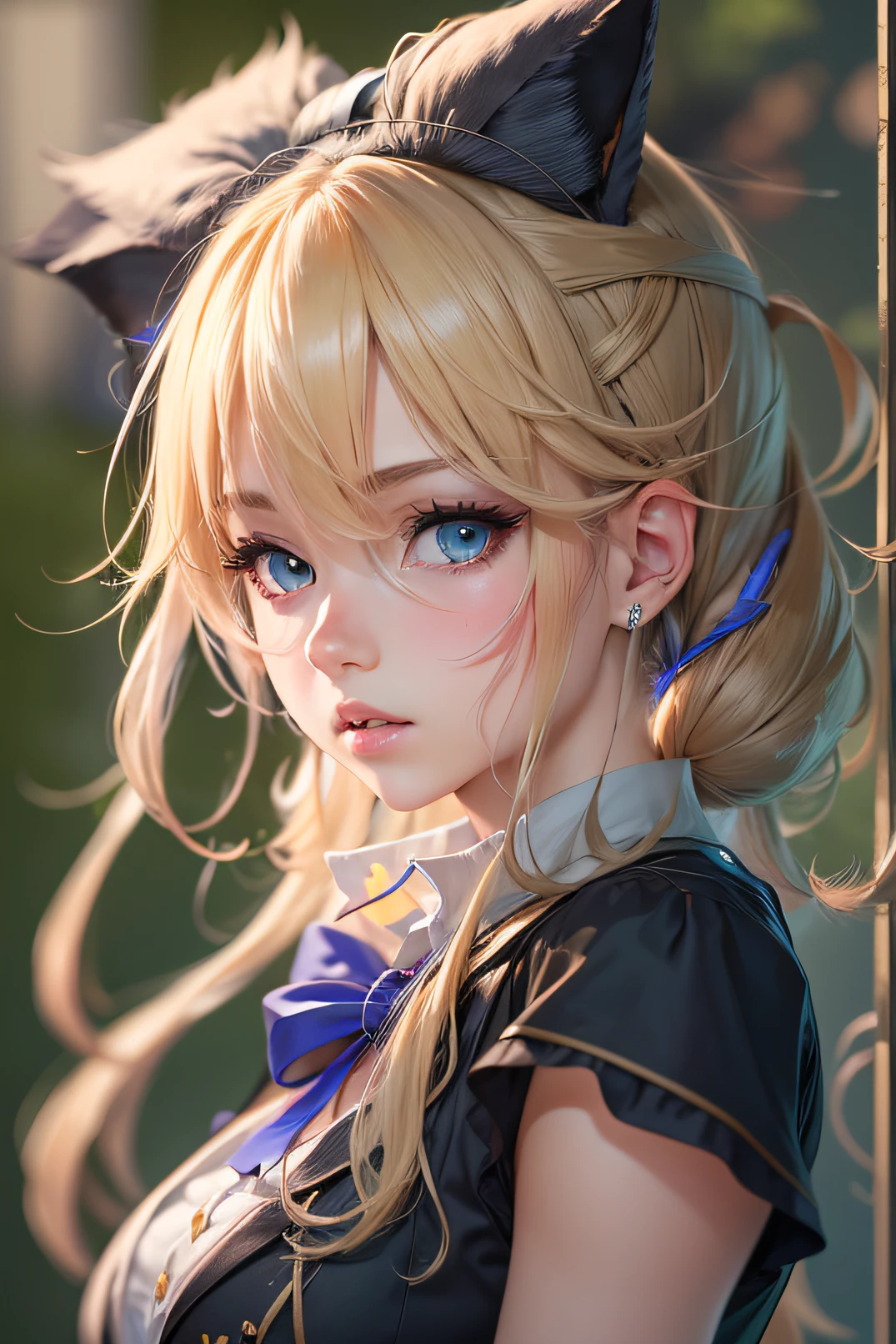 Anime girl with blonde hair and blue eyes in black suit, blonde anime girl with long hair, In an anime style, Anime Moe Artstyle, anime style portrait, Cute anime girl, an anime girl, cute natural anime face, beautiful anime high school girl, (Anime Girl), extremely cute anime girl face, attractive anime girls, cat ear, final fantasy, ribbon, anime, Art Deco, high details, HD, best quality, highres, textured skin