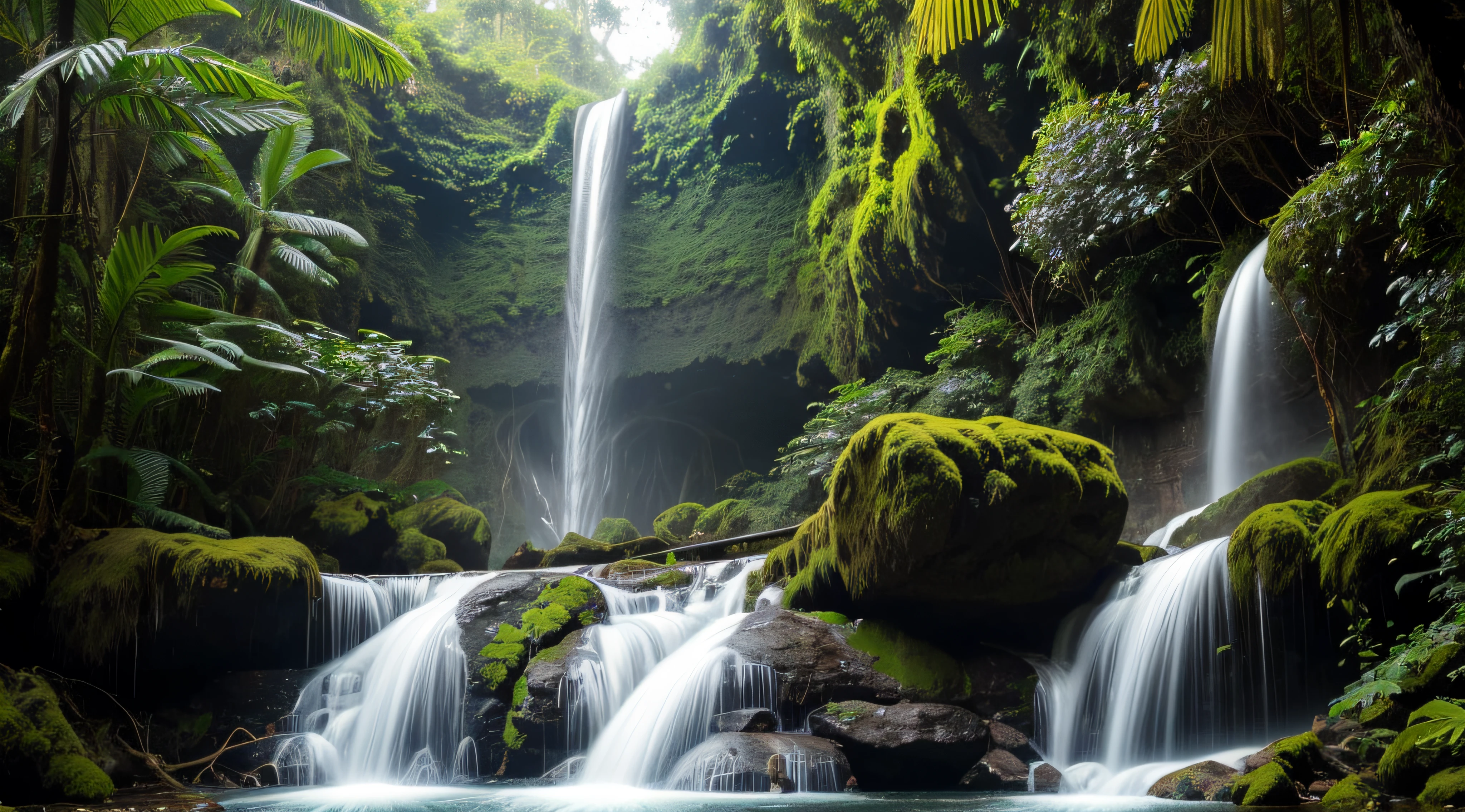 Waterfall in rainforest with high waterfall