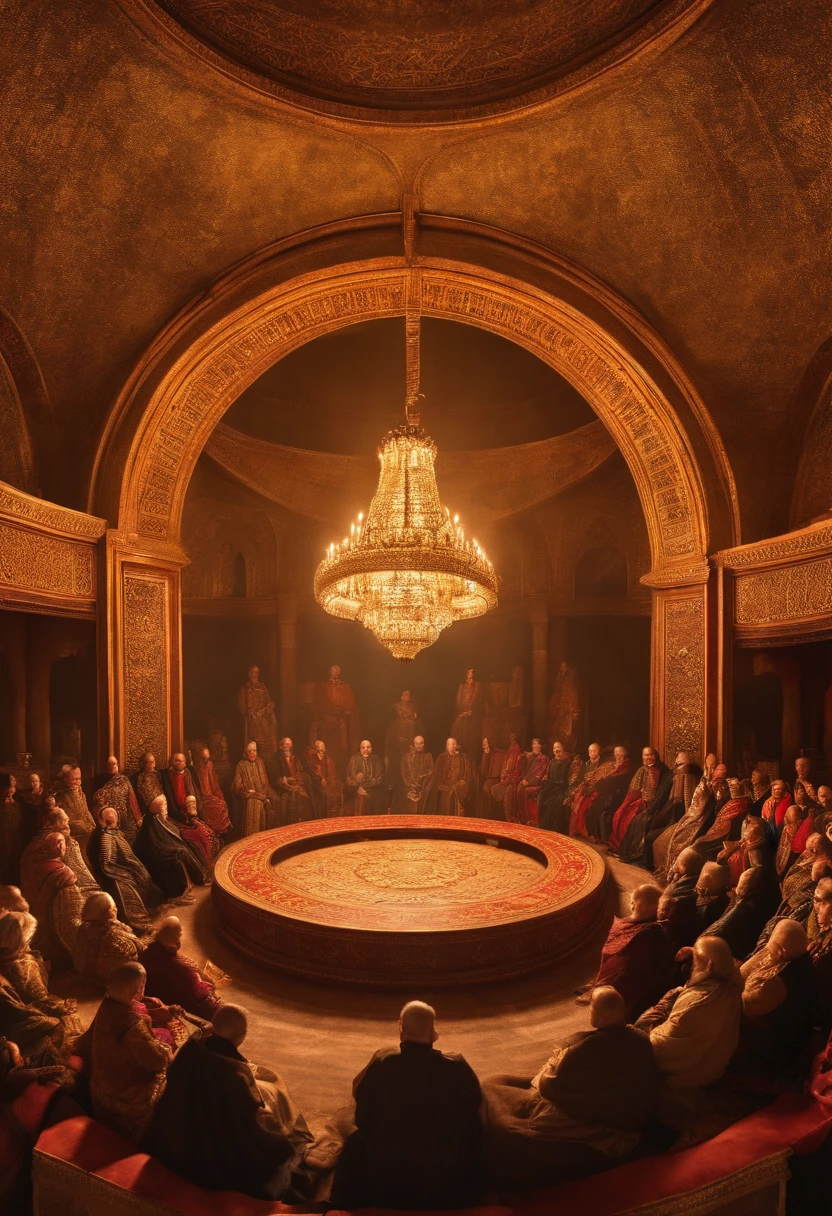 a panoramic view of a great throne and twenty Elders around it forming a perfect circle with the great throne in the middle.