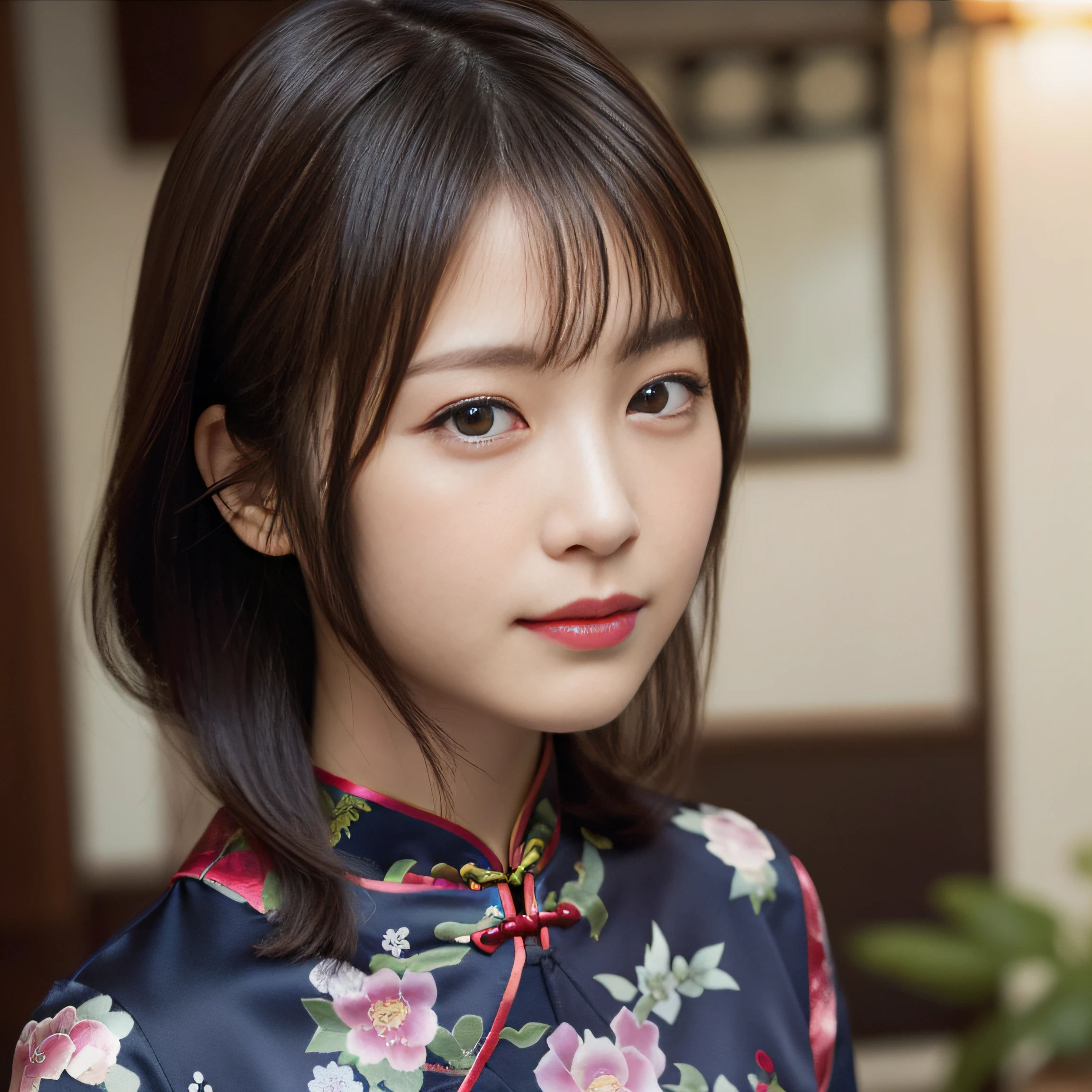 in 8K,Best Quality:1.4, 超A high resolution:1.5, (Photorealistic:1.4),masterpiece:1.2,(top-quality:1.4)、 Raw photo、 One Japan Women、 Cute、middlebreasts:1.5、 (Solo), (Shy smile), Smooth skin、30-years old:1.2、Beautiful black eyes、natural skin textures:1.3, realistic eyes and face details:1.8、 (Brown medium hair,Bangs), (touch hair:1.4)、nogizaka、 (cheongsam clothing:1.4)、(happy smail:1.3)、Supple fingertips、Beautiful black eyes、natural skin textures:1.3, realistic eyes and face details:1.7、gazing at viewer、FULL BODYSHOT:1.5、beauty legs、Chinese Restaurant、gravure