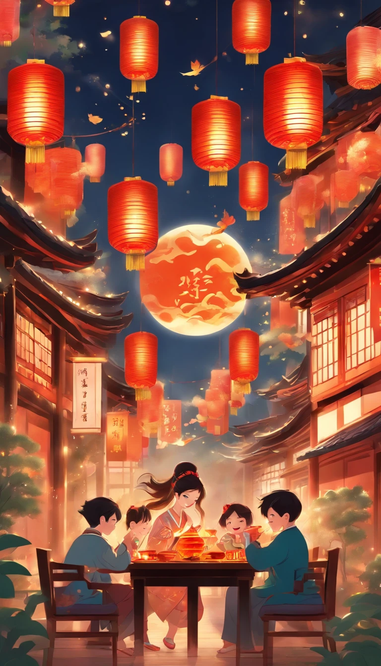 A family eats mooncakes，Men honor their parents with gifts in their hands, Happy family, There are mooncakes on the table,Gift in hand， tea drinking and paper lanterns, Another bright moon in the sky，warm and joyful atmosphere, Digital illustration, Poster illustration, ???, , digital illustrations , Chinese style painting, , exciting illustration,