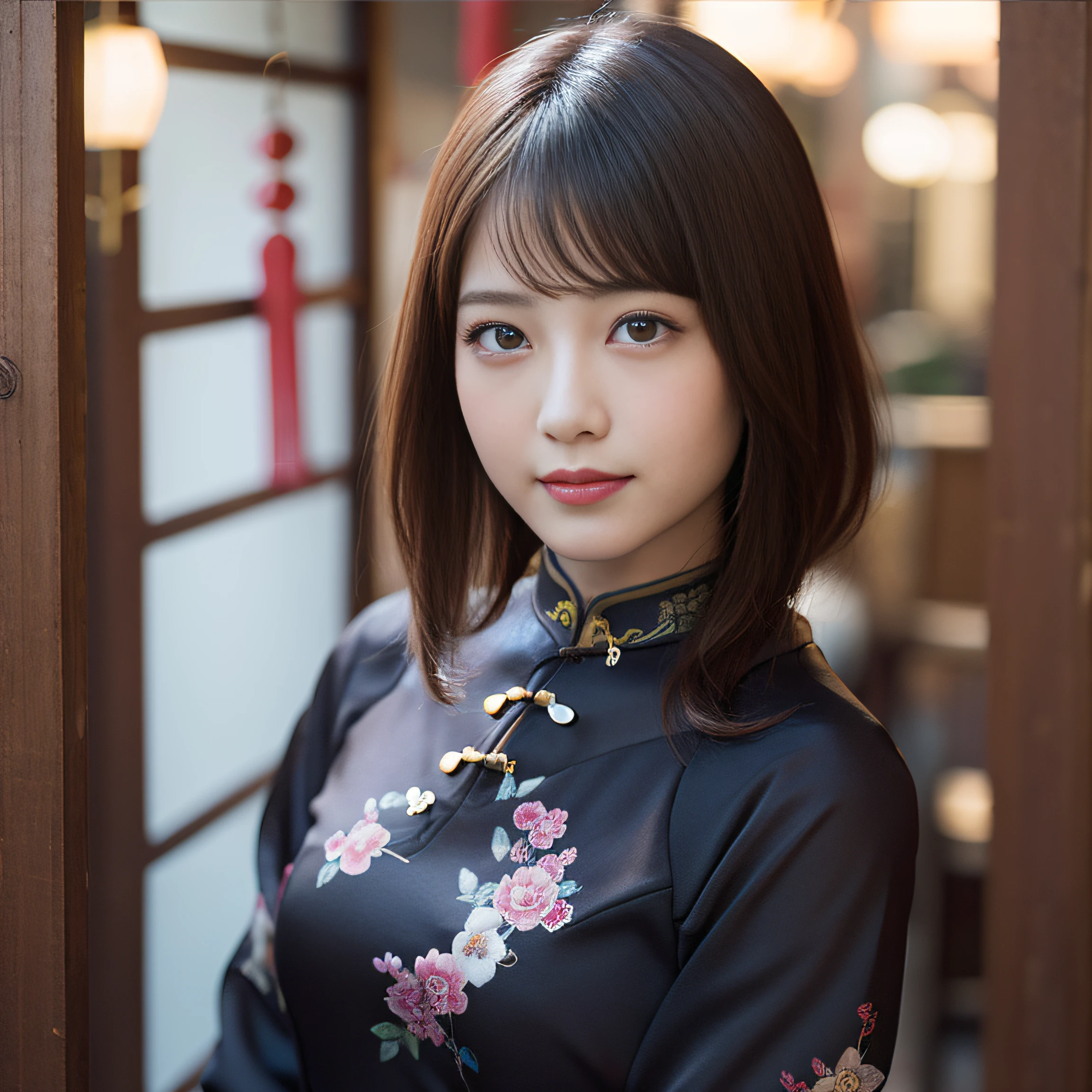 in 8K,Best Quality:1.4, 超A high resolution:1.5, (Photorealistic:1.4),masterpiece:1.2,(top-quality:1.4)、 Raw photo、 One Japan Women、 Cute、middlebreasts:1.5、 (Solo), (Shy smile), Smooth skin、30-years old:1.2、Beautiful black eyes、natural skin textures:1.3, realistic eyes and face details:1.8、 (Brown medium hair,Bangs), (touch hair:1.4)、nogizaka、 (cheongsam clothing:1.4)、(happy smail:1.3)、Supple fingertips、Beautiful black eyes、natural skin textures:1.3, realistic eyes and face details:1.7、gazing at viewer、FULL BODYSHOT:1.5、beauty legs、Chinese Restaurant、gravure