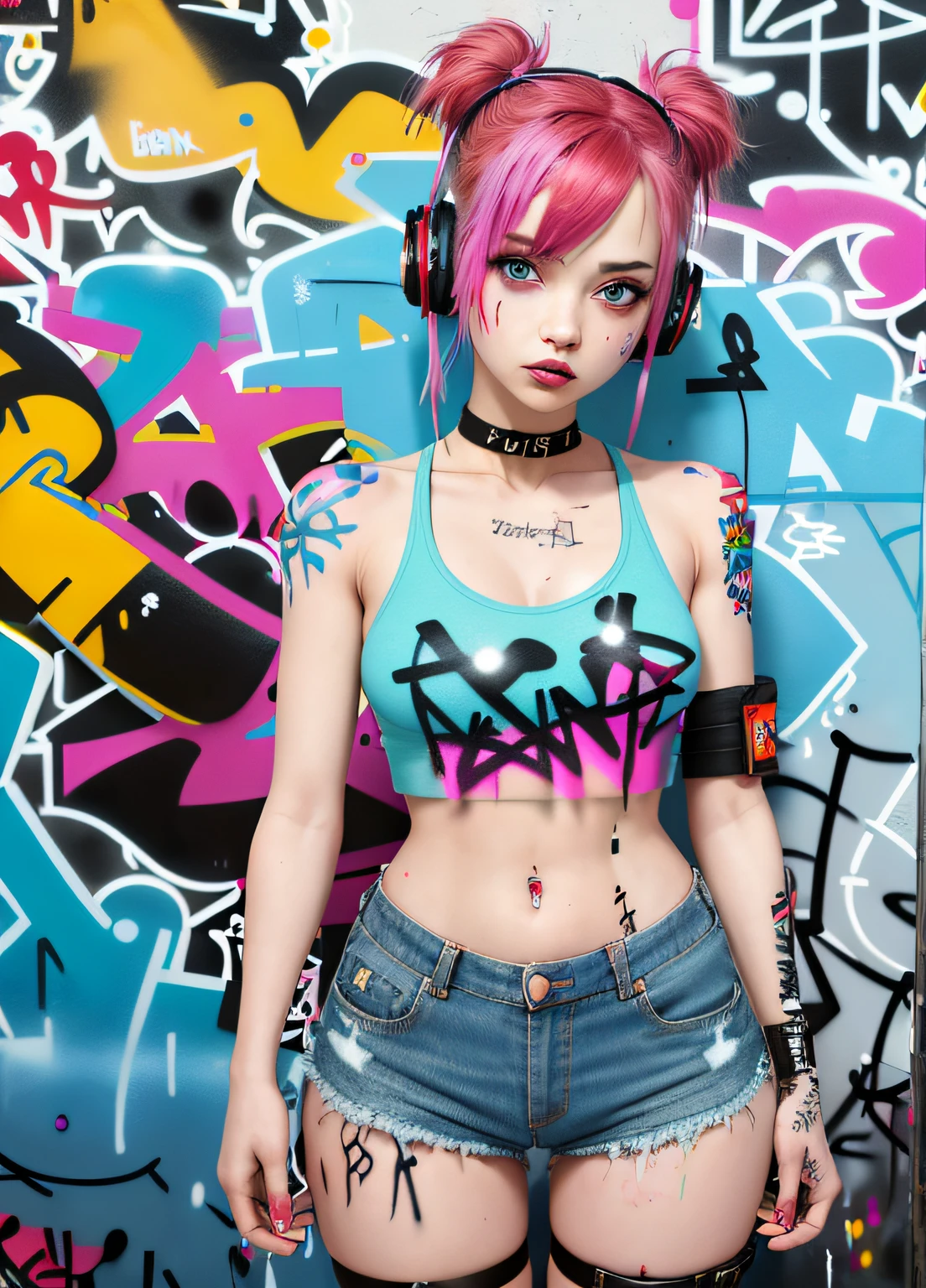 masterpiece, best quality, 1girl, solo, crop top, denim shorts, choker, (graffiti:1.5), paint splatter, arms behind back, against wall, looking at viewer, armband, thigh strap, paint on body, head tilt, bored, multicolored hair, aqua eyes, headset,
