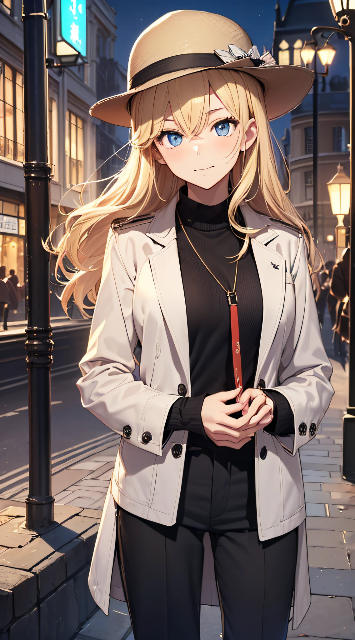 top-quality、Top image quality、​masterpiece、girl with((18year old、White Y-shirt、deerstalker hat、Stylish long coat、Black pants、Best Bust、Bust 85、a blond、Longhaire、Blue eyes、open chest wide、Valley、Happiness、Black wristband on wrist、A slender、耳Nipple Ring、The wind blows,Stick your hands in your pockets、close to viewer)）hiquality、visualart、Background with((London by night))、masutepiece、