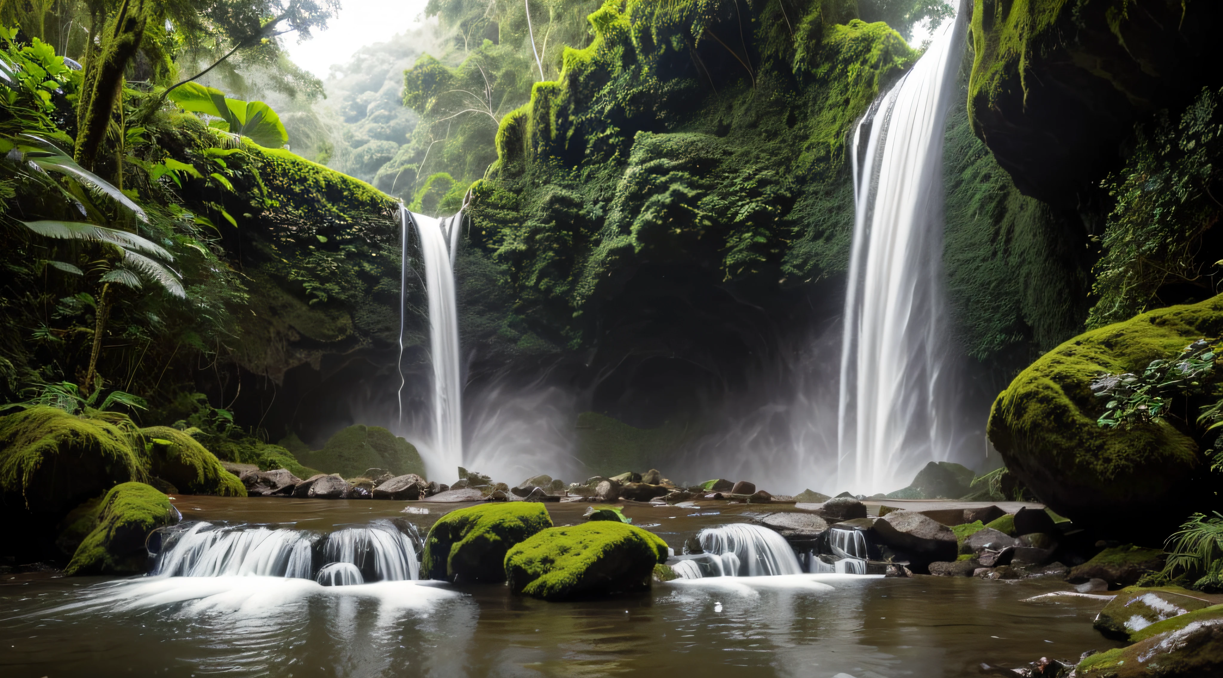 Waterfall in rainforest with high waterfall