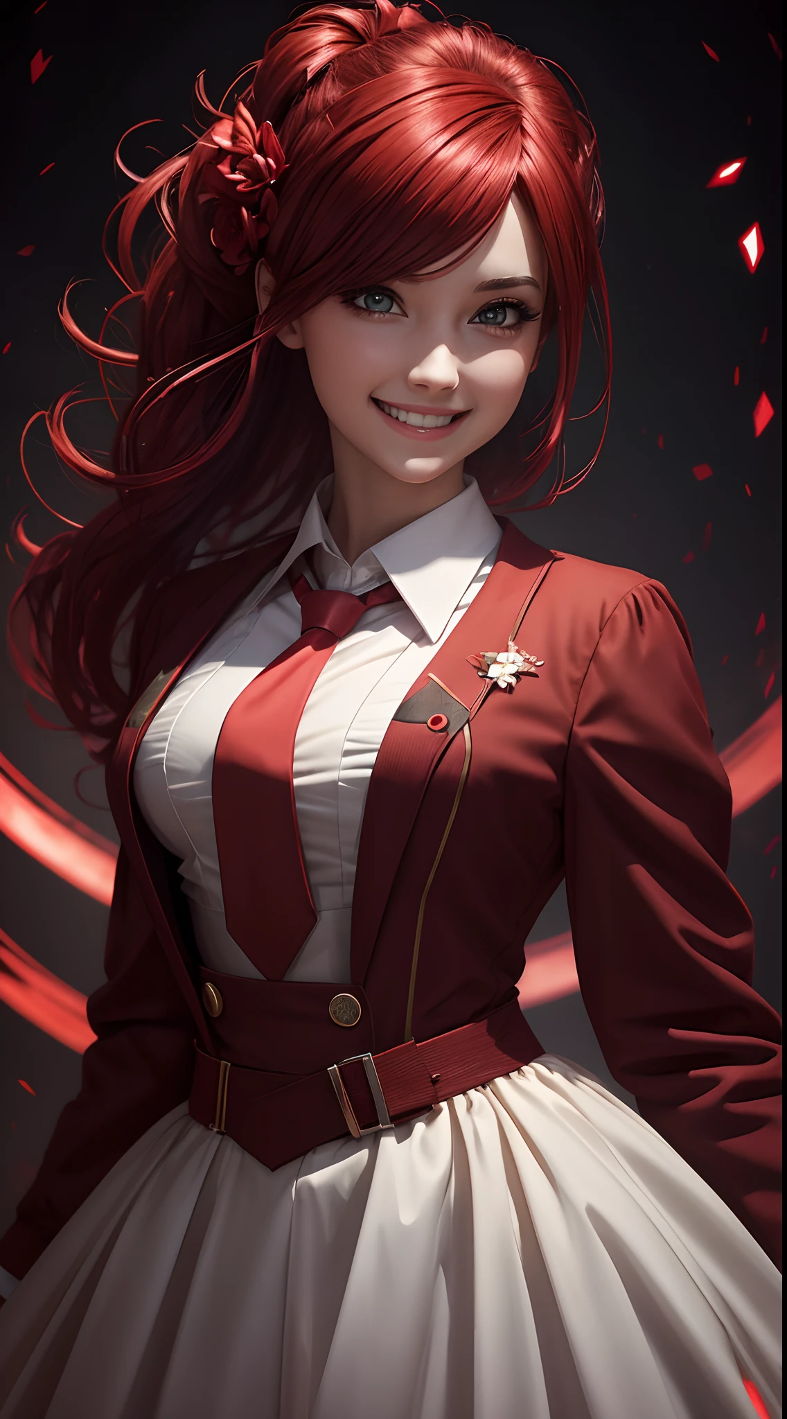 Highly detailed, 8K, Masterpiece, 1girll, red necktie_Hair, dress , crazy_Smile, (Perfect_face), Detailed_Background, full_Body, full bloom,(Beautiful lighting:1.3), Caustics, Dynamic lighting, From_Below