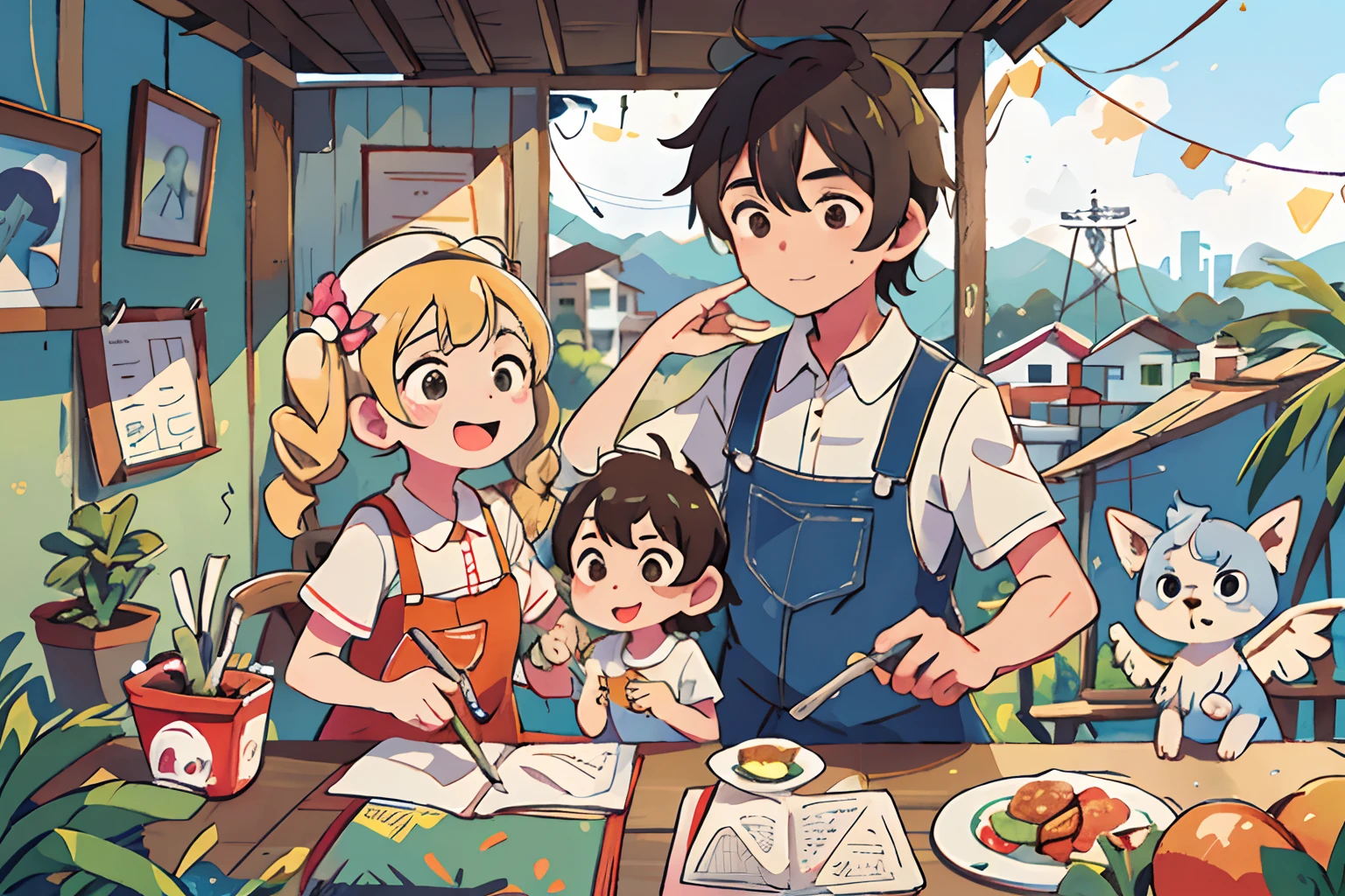 closeup, A family portrait, mami, pai, feliz, cozinha ao fundo, e na janela mostrar na paisagem uma favela no Rio de Janeiro