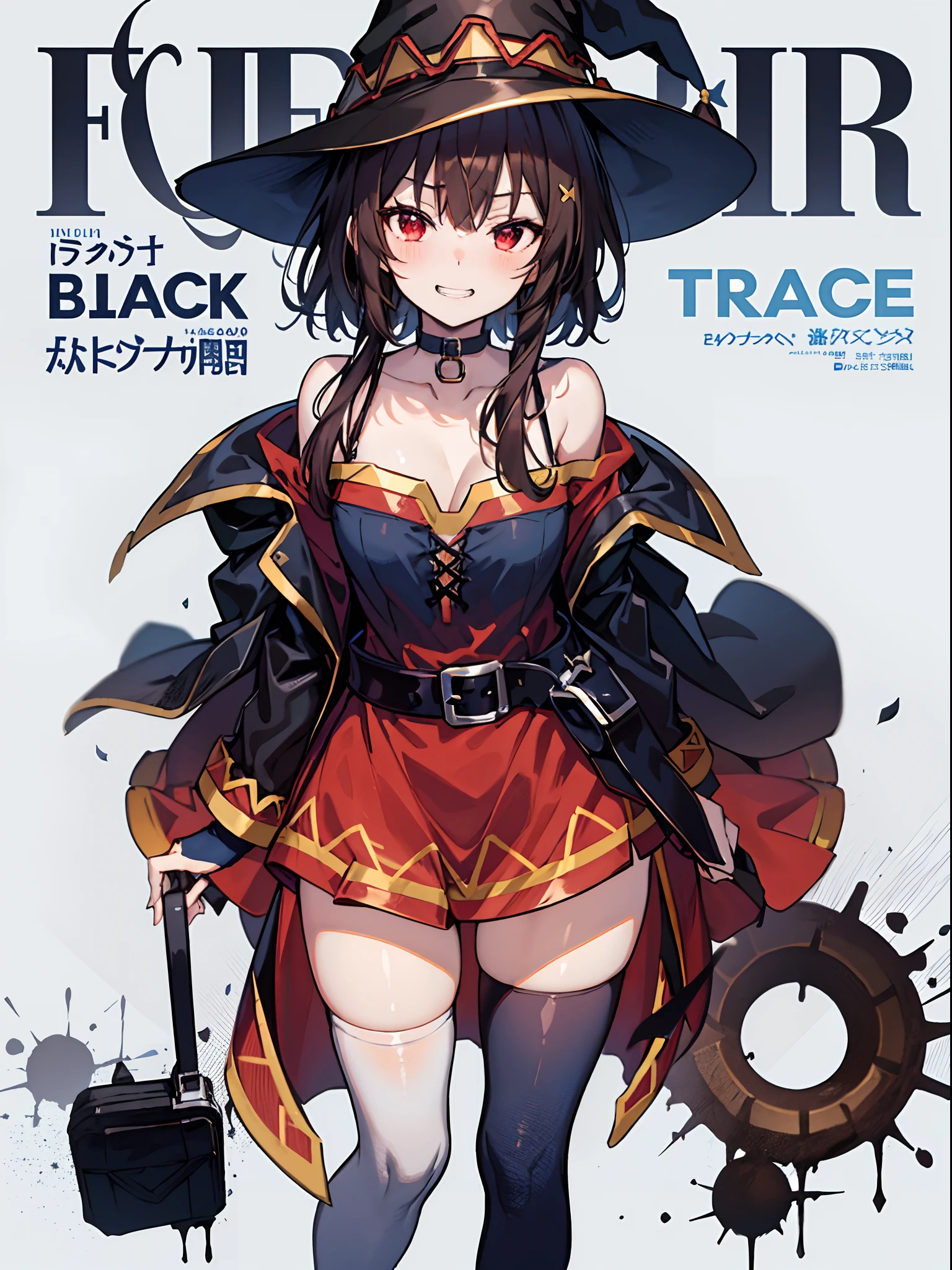 megumin, kono subarashii sekai ni shukufuku wo!, 1girl, solo, standing, looking at viewer, hat, witch hat, brown hair, short hair with long locks, red eyes, blush, evil grin, black choker, collarbone, flat chest, off-shoulder dress, dress, red dress, brown cape, long sleeves, black gloves, fingerless gloves, belt, brown belt, gold trim, zettai ryouiki, skindentation, (asymmetrical legwear:1.4), mismatched legwear, (bandaged leg:1.3), black thighhighs, (arms behind back:1.3), masterpiece,(best quality),(1girl) ,solo,(high contrast:1.2),(high saturation:1.2), ((hands on the pocket)),((black and white sdress)),looking at viewer,((white and dark blue theme:1.3)),((white and dark blue background:1.5)),((walking:1.3)),full body,((from above:1.2)), (magazine:1.3), (cover-style:1.3), fashionable, woman, vibrant, outfit, posing, front, colorful, dynamic, background, elements, confident, expression, holding, statement, accessory, majestic, coiled, around, touch, scene, text, cover, bold, attention-grabbing, title, stylish, font, catchy, headline, larger, striking, modern, trendy, focus, fashion, The text is bold and attention-grabbing, with a catchy tagline that adds to the overall feeling of drama and excitement. The color palette is mainly dark with splashes of vibrant colors, giving the poster a dynamic and visually striking appearance,tachi-e (magazine:1.3), (cover-style:1.3),