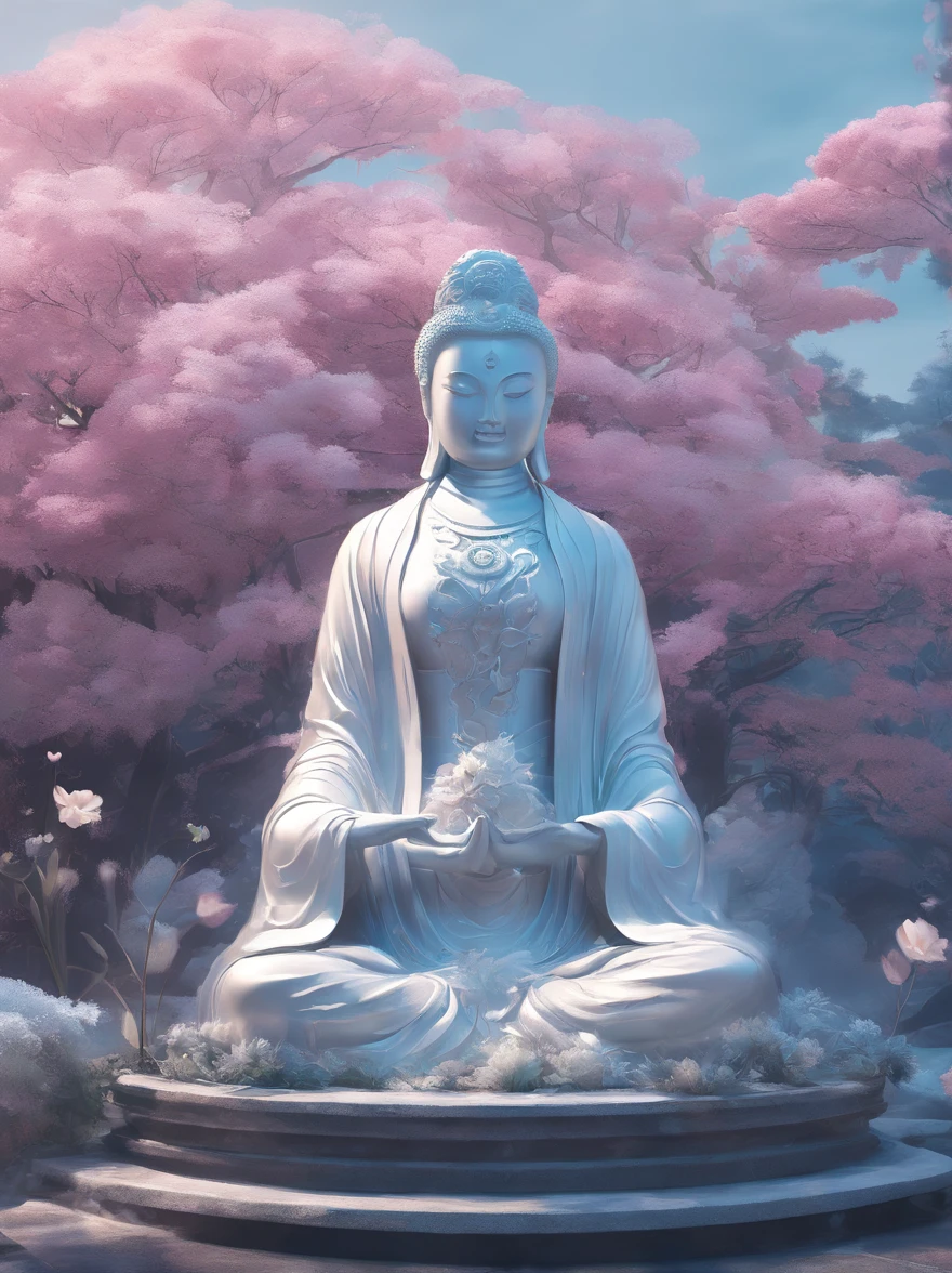 Ice sculpture of Guanyin statue,Meticulous environment,There are flowers blooming next to it