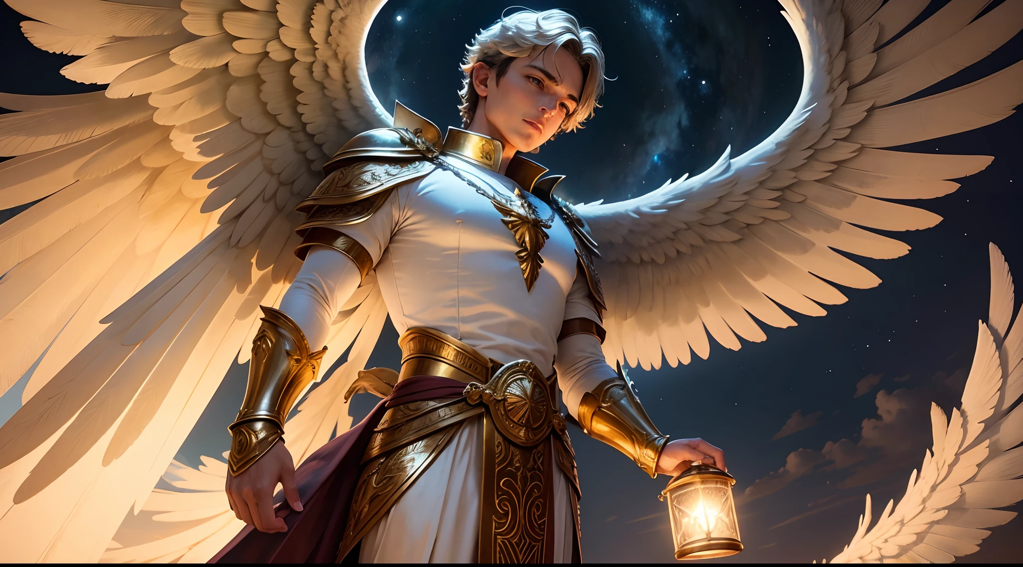 Closeup de uma imagem um anjo homem com um livros (biblia) with the position in the right hand, in the other left hand holding a scale, Angel dressed as a Roman soldier looking at the ground, arcanjo homem com asas grandes, o anjo da fortuna, perfeito, Realistic, Biblical setting, Biblical Paradise Setting, It standing body compleot sample night without realistic ultras clouds, flores e velas, Illuminated Archangel of Heaven in the illuminating night, velas acesas, roupas brancas e vermelhas