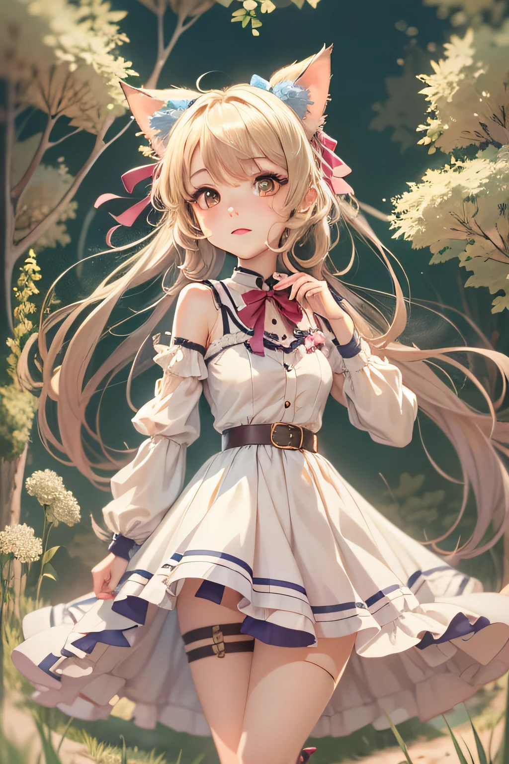 blonde anime girl with long hair, In an anime style, Anime Moe Artstyle, anime style portrait, Cute anime girl, an anime girl, cute natural anime face, beautiful anime high school girl, (Anime Girl), extremely cute anime girl face, attractive anime girls, Cat's ears, bow ribbon, Art deco, Best Quality, hight resolution, full body pose, grassland, tsundere, white dress, anime, Art Deco, cinematic lighting, panorama, high details, Textured skin